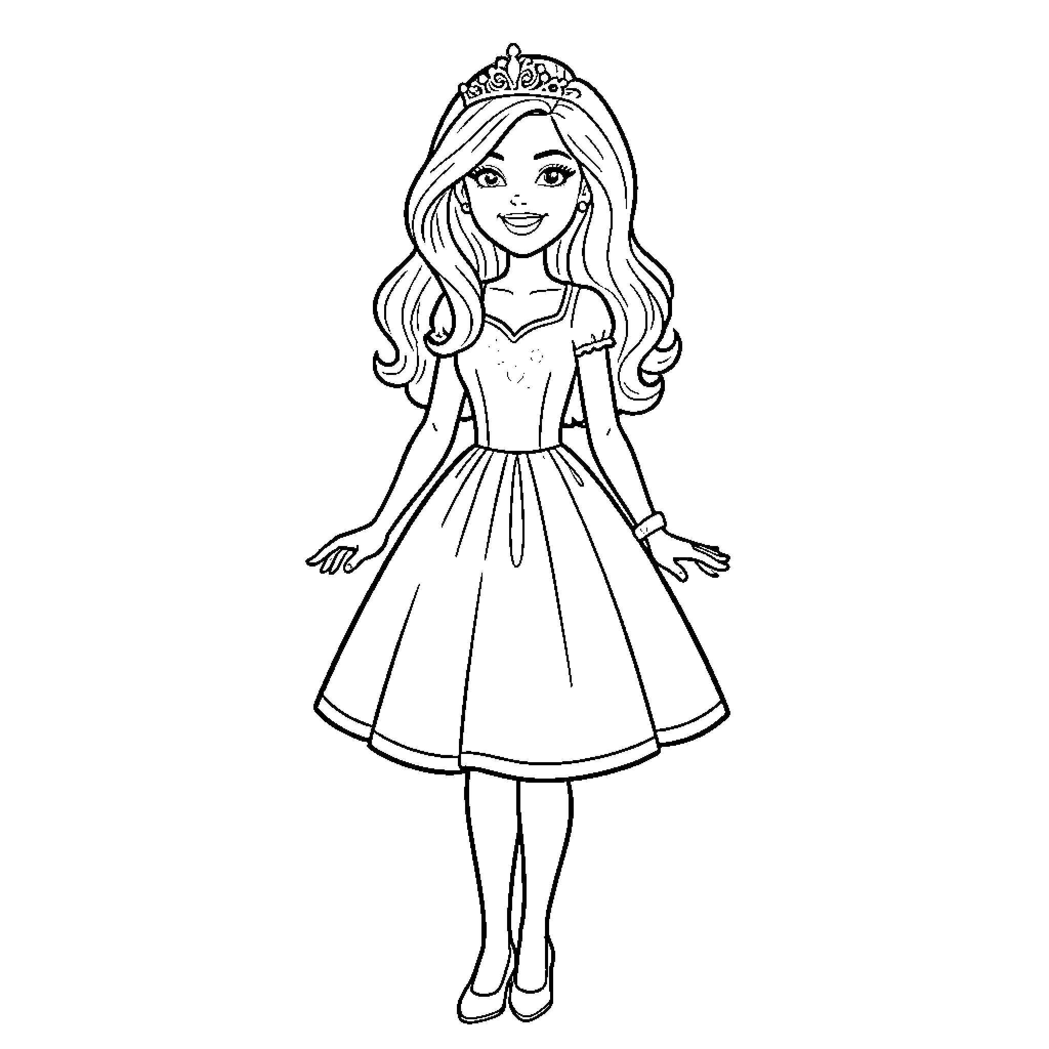 Barbie Princess in a Flowing Dress Coloring Page (free black-and-white line drawing printable PDF for all, from beginners to advanced learners, including children, teens, adults, and seniors)