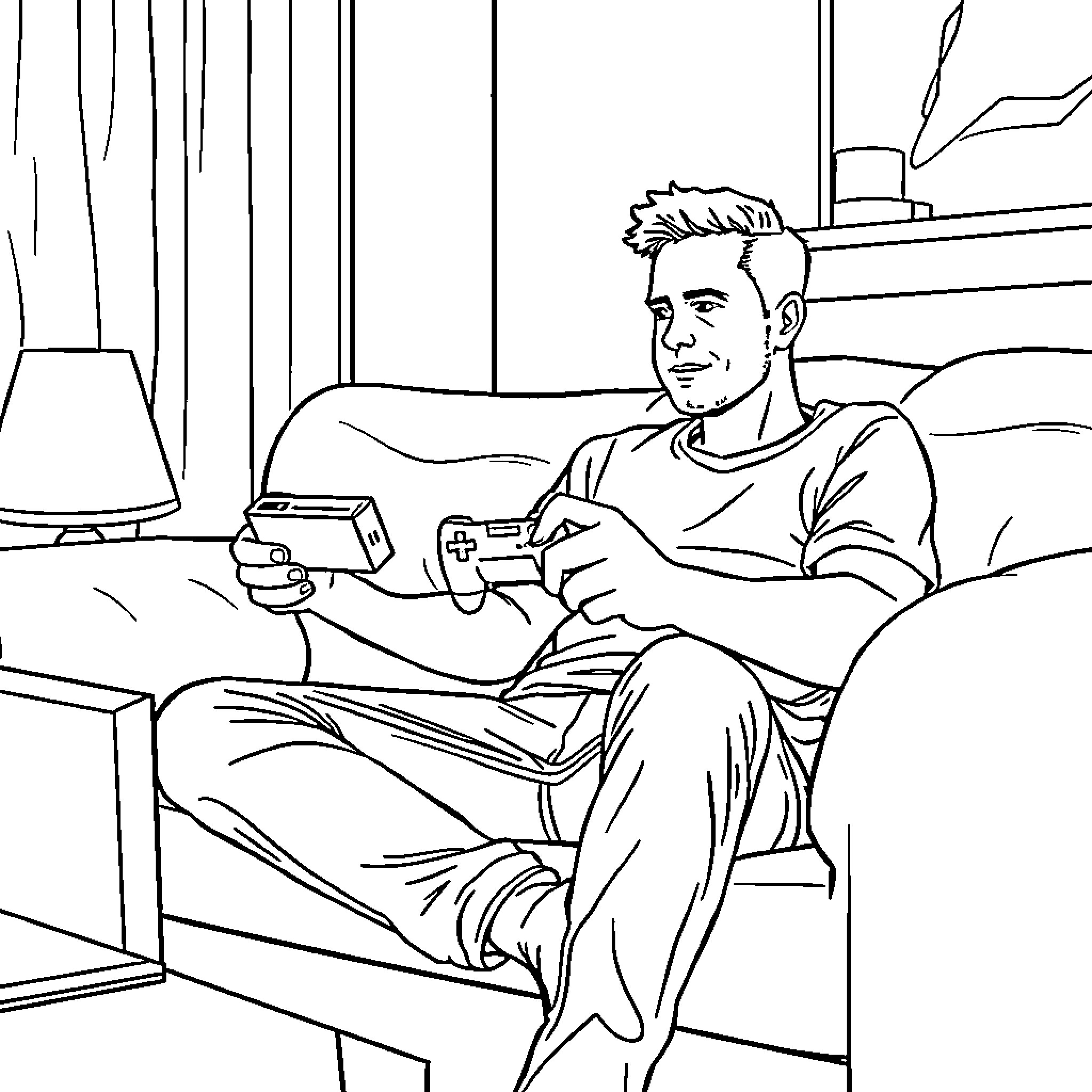 Man playing video games on a console Coloring Page (free black-and-white line drawing printable PDF for all, from beginners to advanced learners, including children, teens, adults, and seniors)