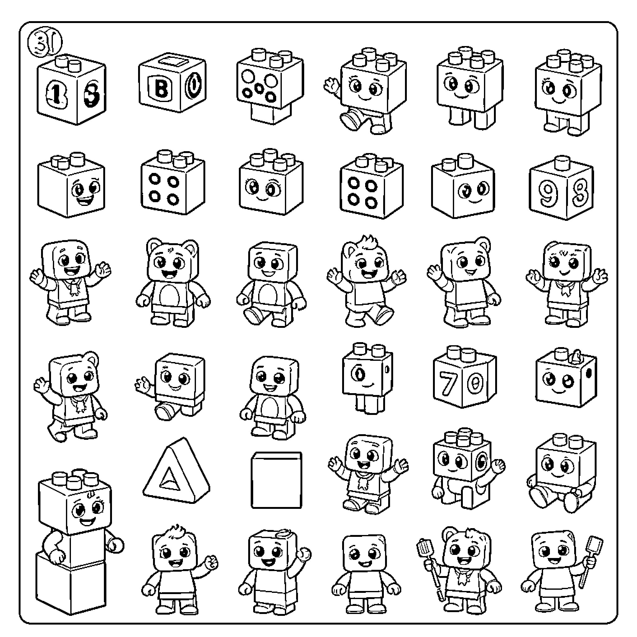 Numberblocks characters displaying various expressions and poses Coloring Page (free black-and-white line drawing printable PDF for all, from beginners to advanced learners, including children, teens, adults, and seniors)