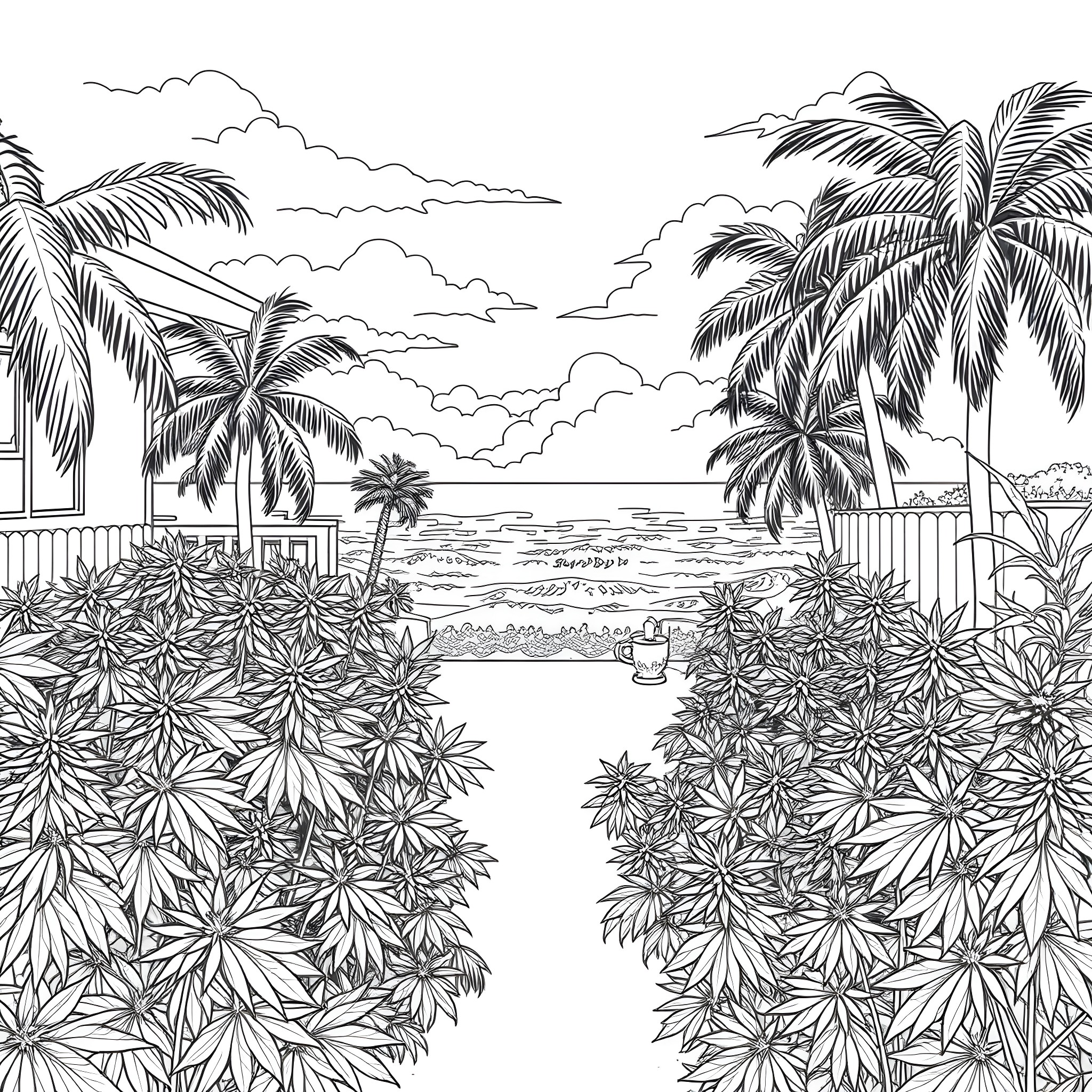 Marijuana enthusiasts enjoying the tropical beach landscape Coloring Page (free black-and-white line drawing printable PDF for all, from beginners to advanced learners, including children, teens, adults, and seniors)