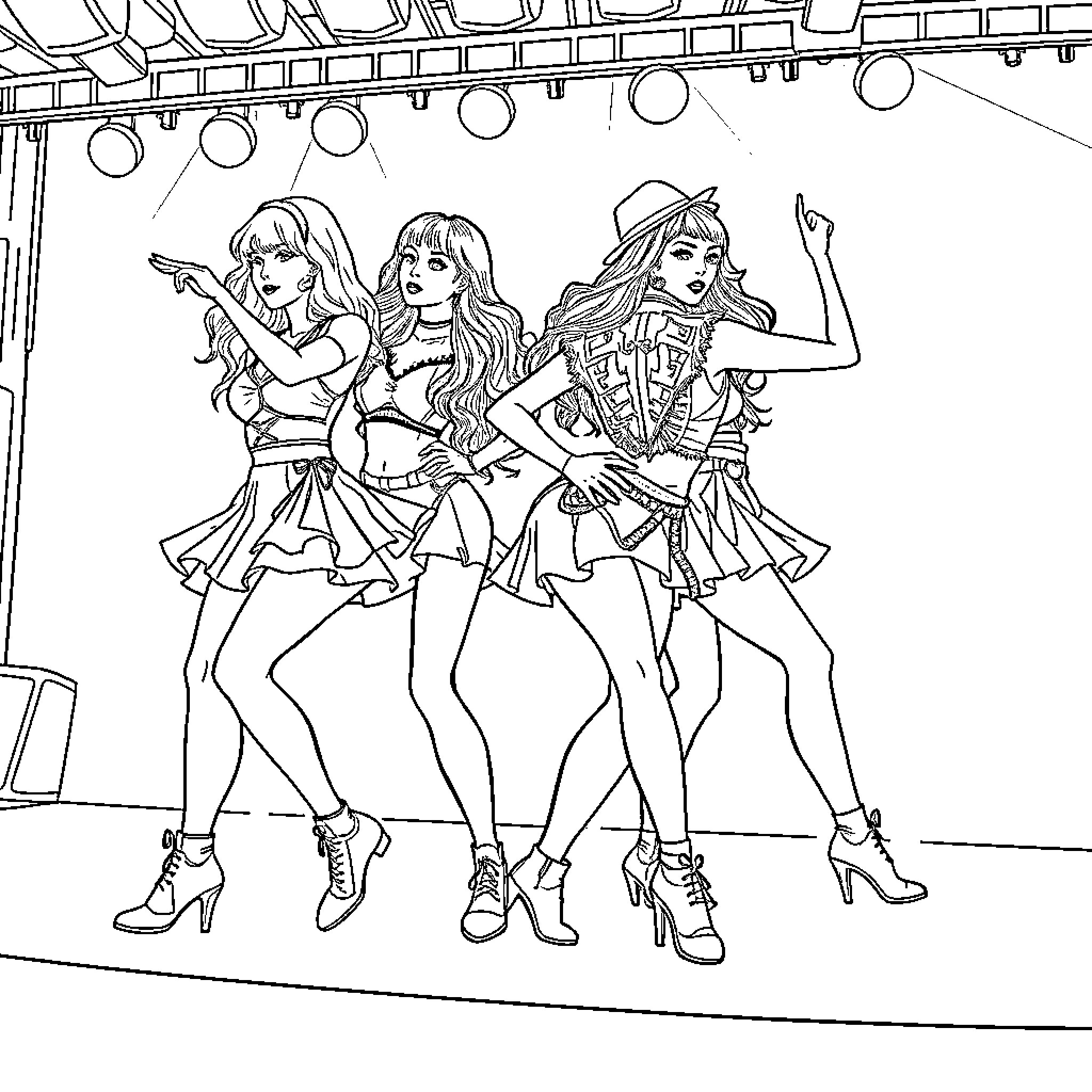 K Pop Warrior Trio Performing on Stage Coloring Page (free black-and-white line drawing printable PDF for all, from beginners to advanced learners, including children, teens, adults, and seniors)