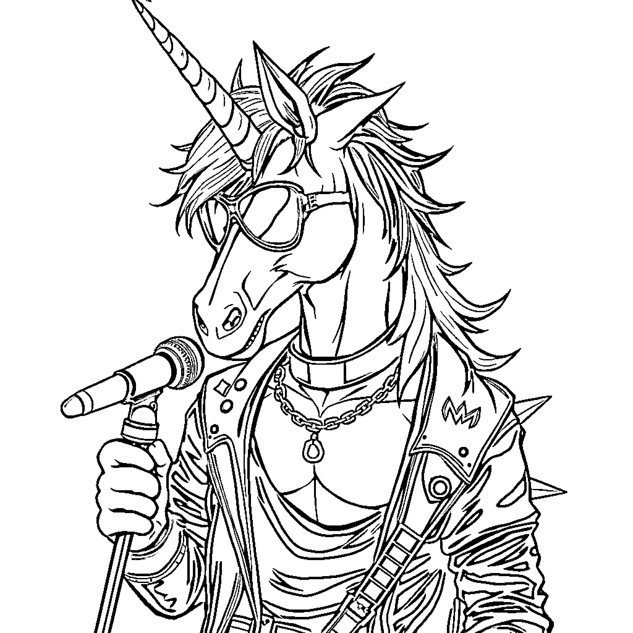 Unicorn Punk Rocker Performing on Stage Coloring Page (free black-and-white line drawing printable PDF for all, from beginners to advanced learners, including children, teens, adults, and seniors)