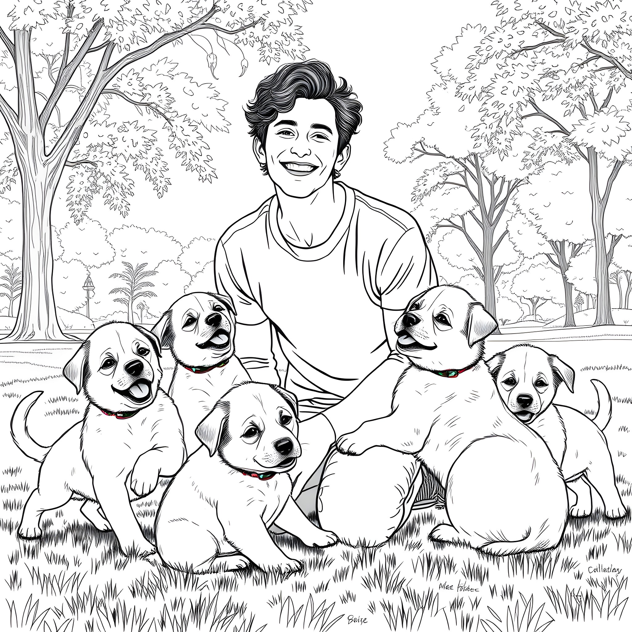 Timothée Chalamet enjoying the outdoors with playful puppies Coloring Page (free black-and-white line drawing printable PDF for all, from beginners to advanced learners, including children, teens, adults, and seniors)