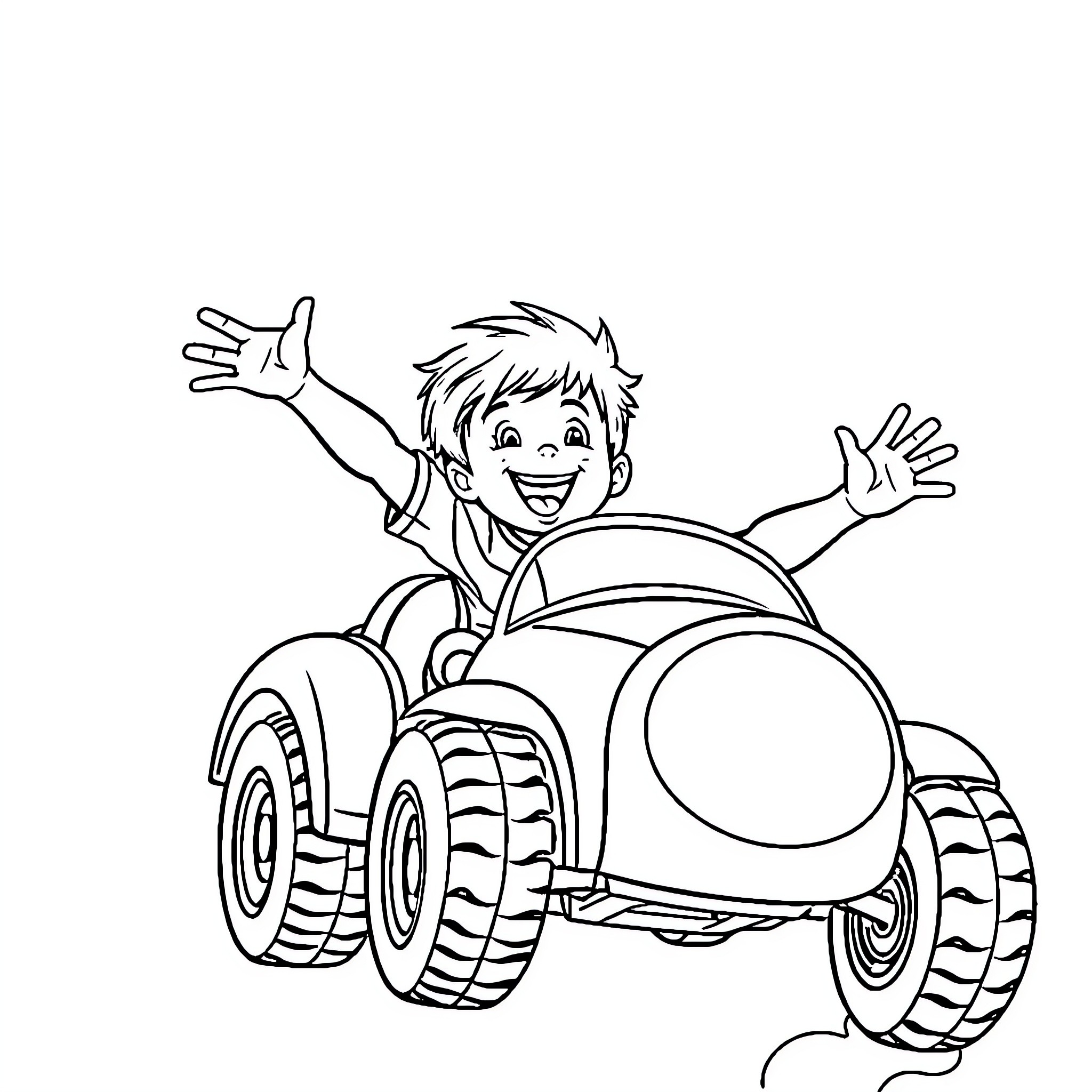 Boy excitedly riding in a toy vehicle Coloring Page (free black-and-white line drawing printable PDF for all, from beginners to advanced learners, including children, teens, adults, and seniors)