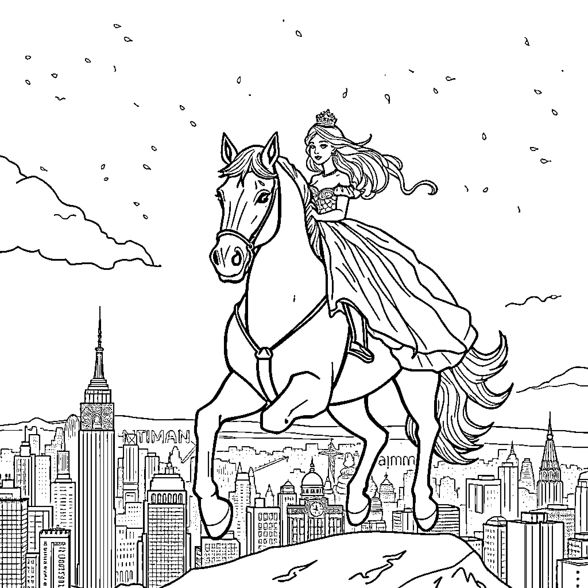 Princess riding a horse over the city skyline Coloring Page (free black-and-white line drawing printable PDF for all, from beginners to advanced learners, including children, teens, adults, and seniors)