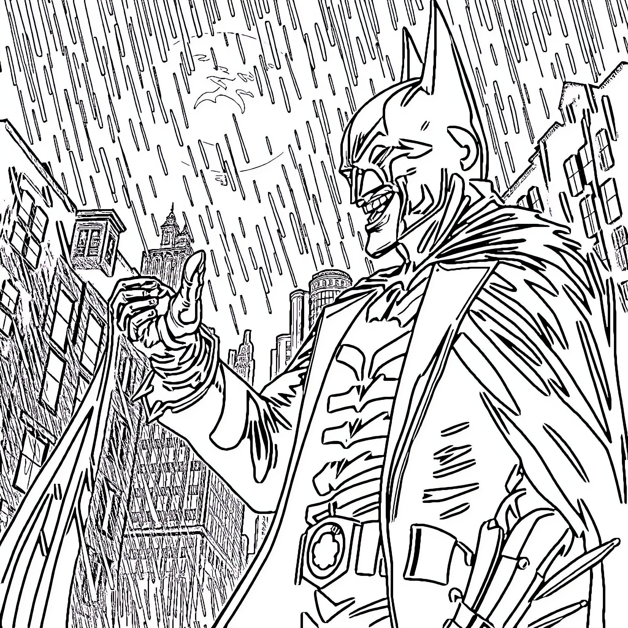 Joker Laughing Maniacally Amidst Chaos in Gotham City Coloring Page (free black-and-white line drawing printable PDF for all, from beginners to advanced learners, including children, teens, adults, and seniors)
