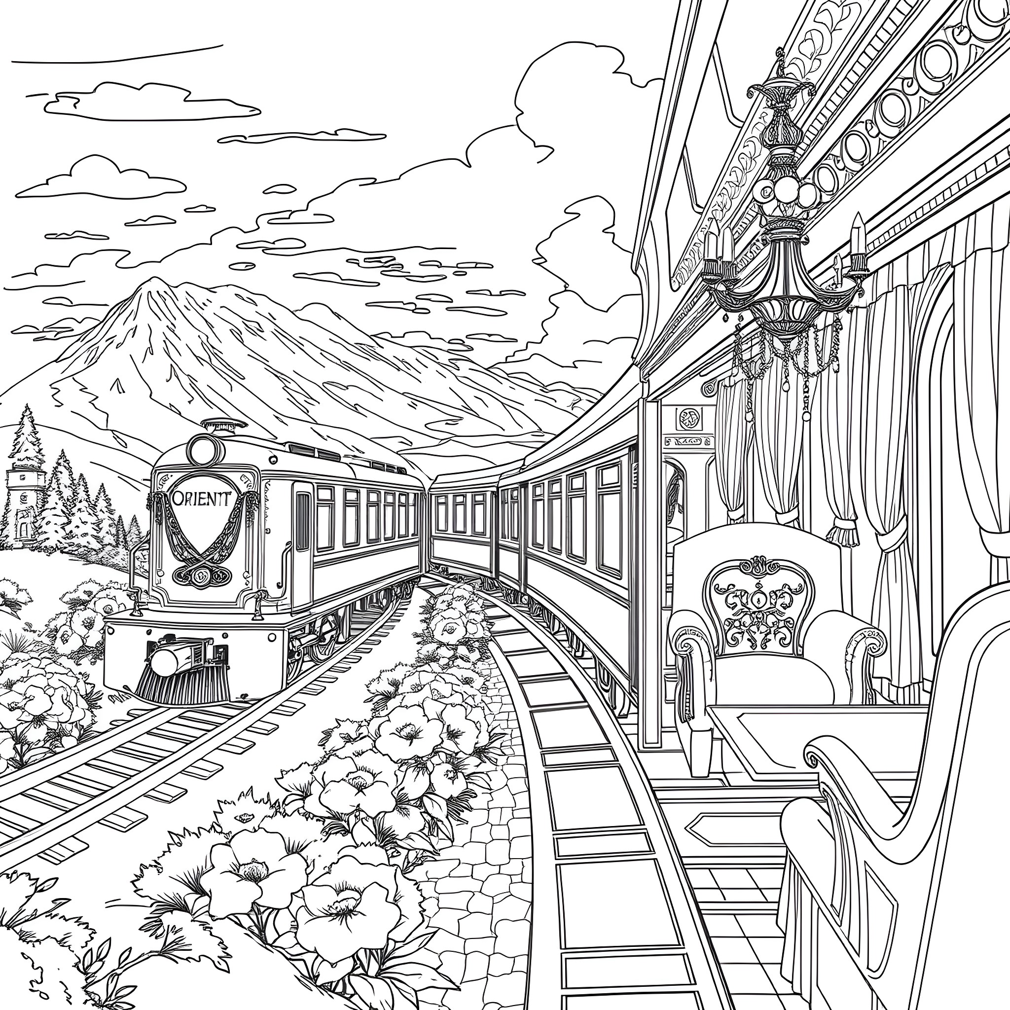 Orient Express: Lavish train journey through scenic landscapes Coloring Page (free black-and-white line drawing printable PDF for all, from beginners to advanced learners, including children, teens, adults, and seniors)