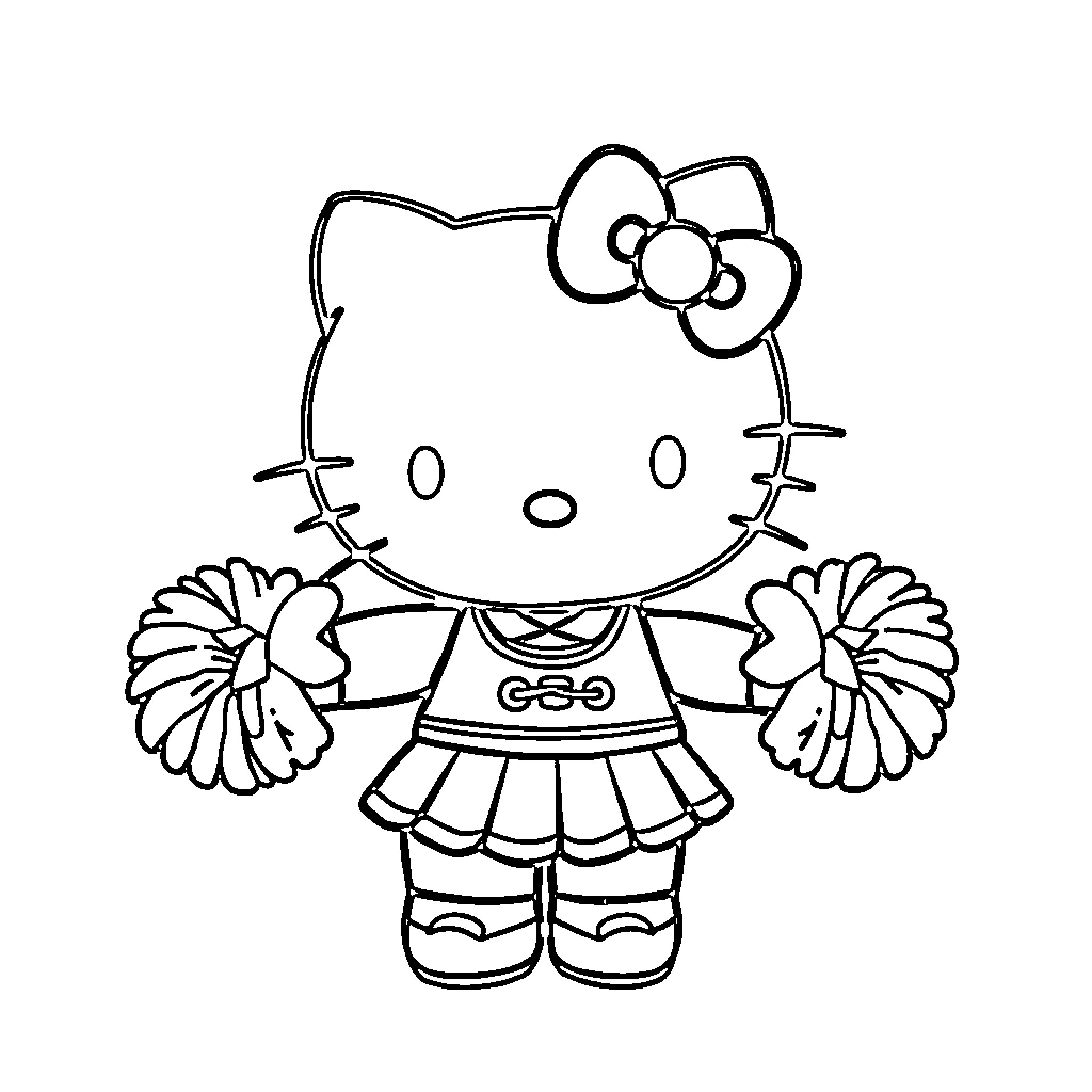 Hello Kitty Cheerleading Outfit Coloring Page (free black-and-white line drawing printable PDF for all, from beginners to advanced learners, including children, teens, adults, and seniors)