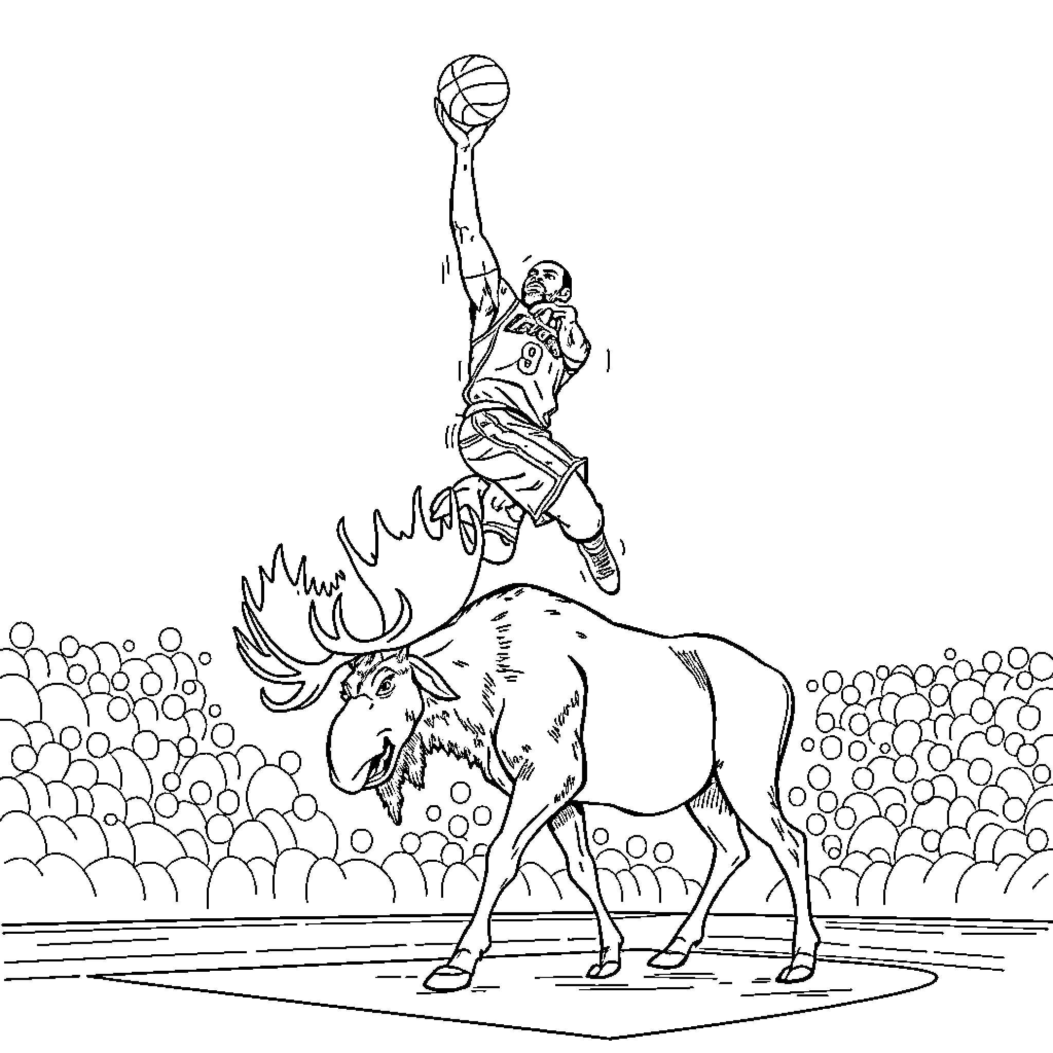 LeBron James dunks over a charging moose Coloring Page (free black-and-white line drawing printable PDF for all, from beginners to advanced learners, including children, teens, adults, and seniors)