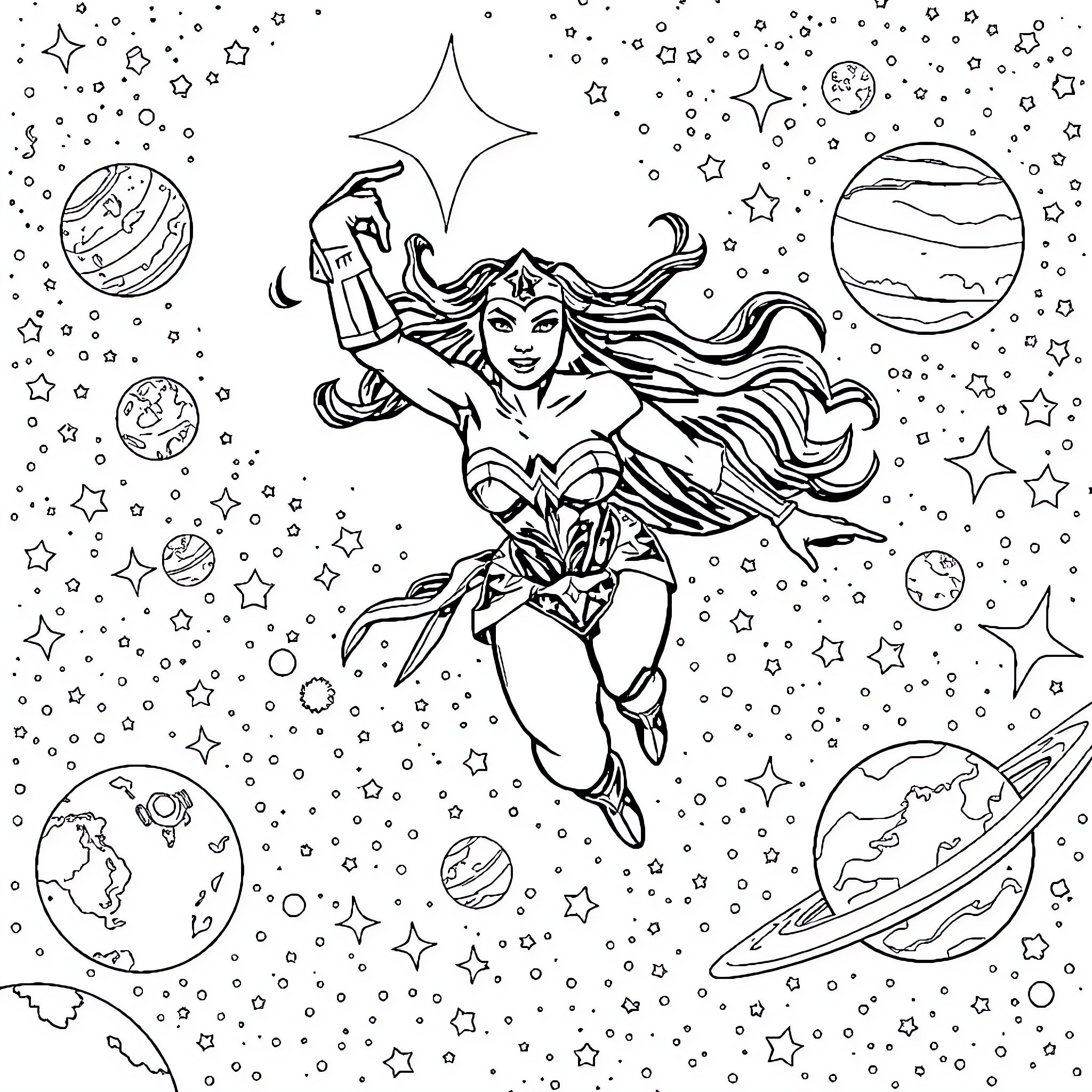 Wonder Woman soaring through the cosmic universe Coloring Page (free black-and-white line drawing printable PDF for all, from beginners to advanced learners, including children, teens, adults, and seniors)