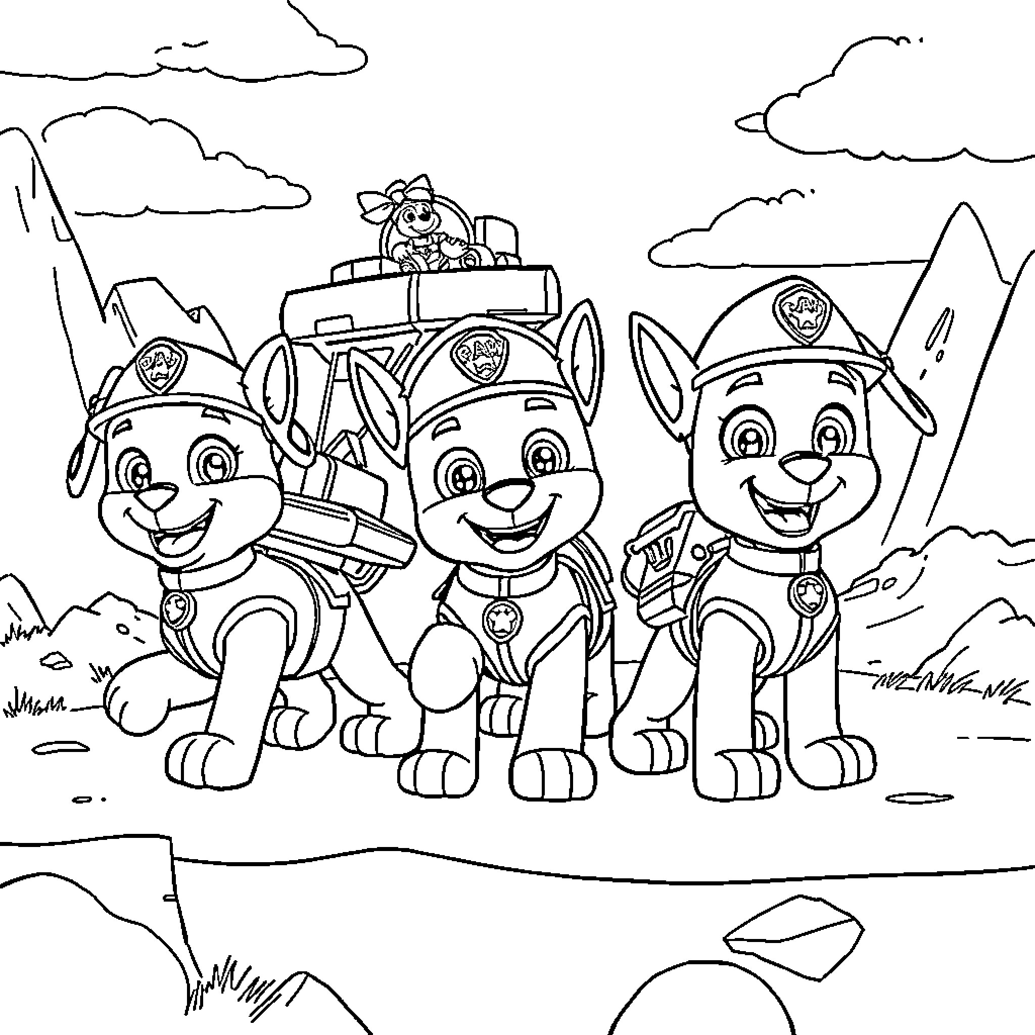 Paw Patrol Trio on an Adventure Coloring Page (free black-and-white line drawing printable PDF for all, from beginners to advanced learners, including children, teens, adults, and seniors)