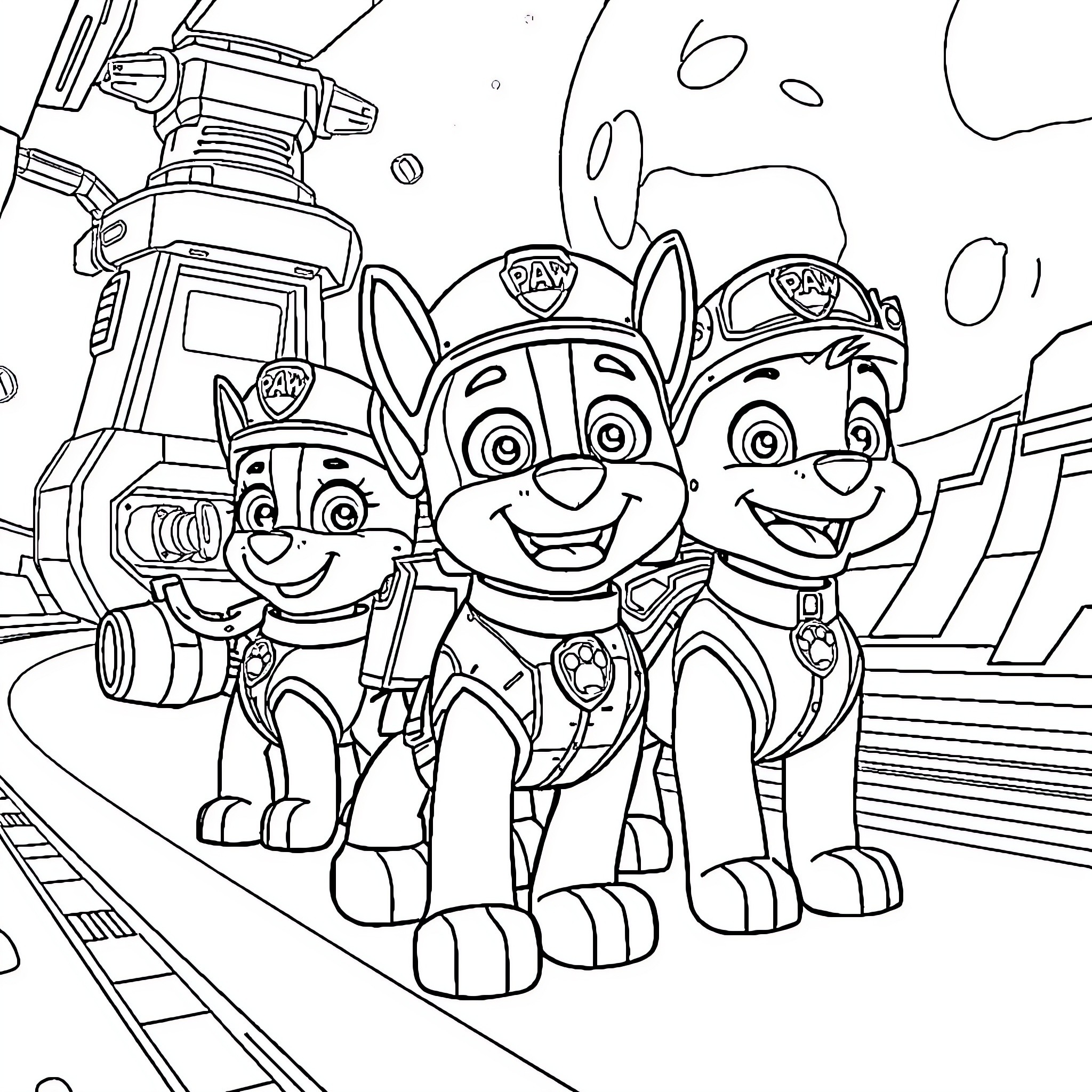 Paw Patrol Puppies on Patrol Adventure Coloring Page (free black-and-white line drawing printable PDF for all, from beginners to advanced learners, including children, teens, adults, and seniors)