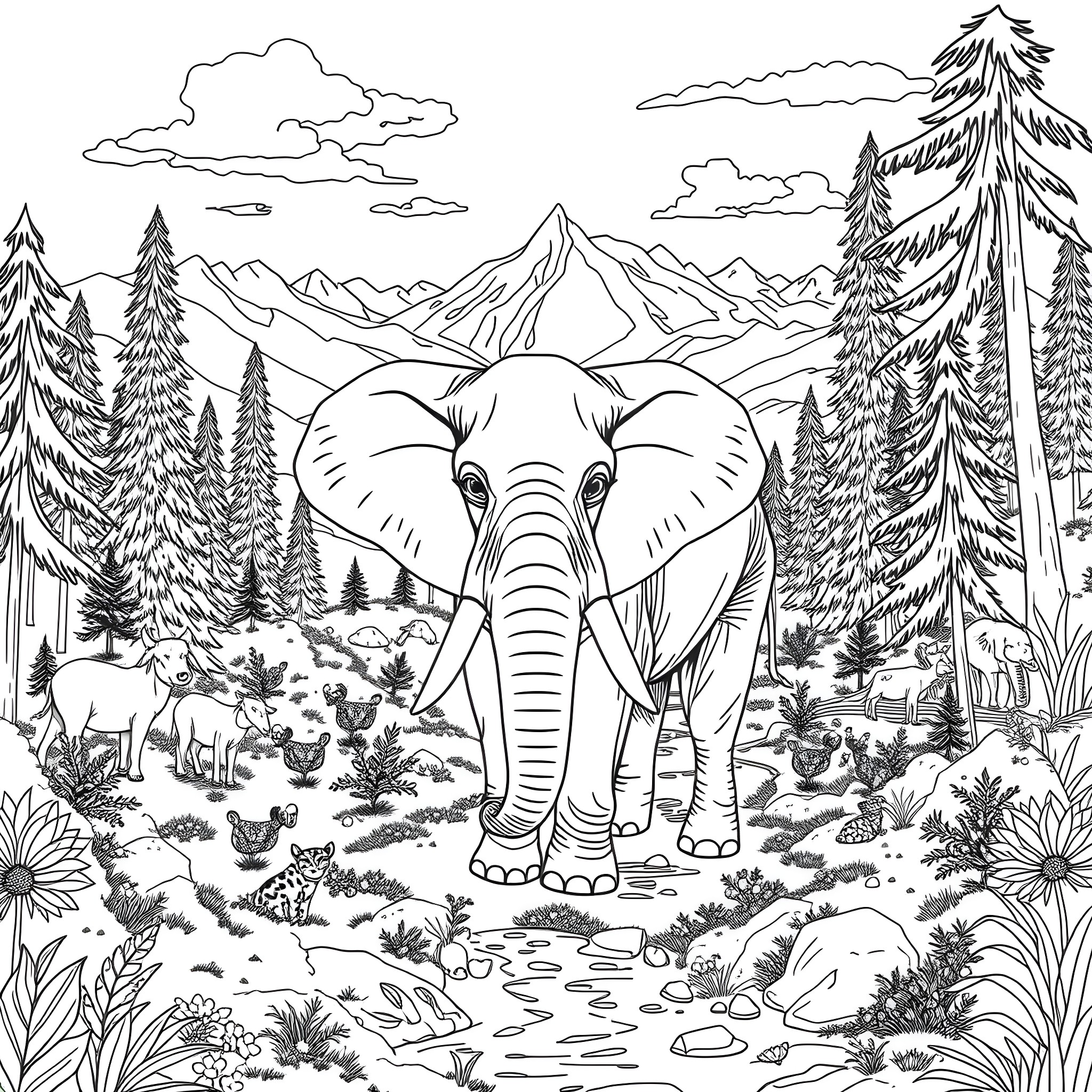 Elephant in a scenic mountain landscape Coloring Page (free black-and-white line drawing printable PDF for all, from beginners to advanced learners, including children, teens, adults, and seniors)