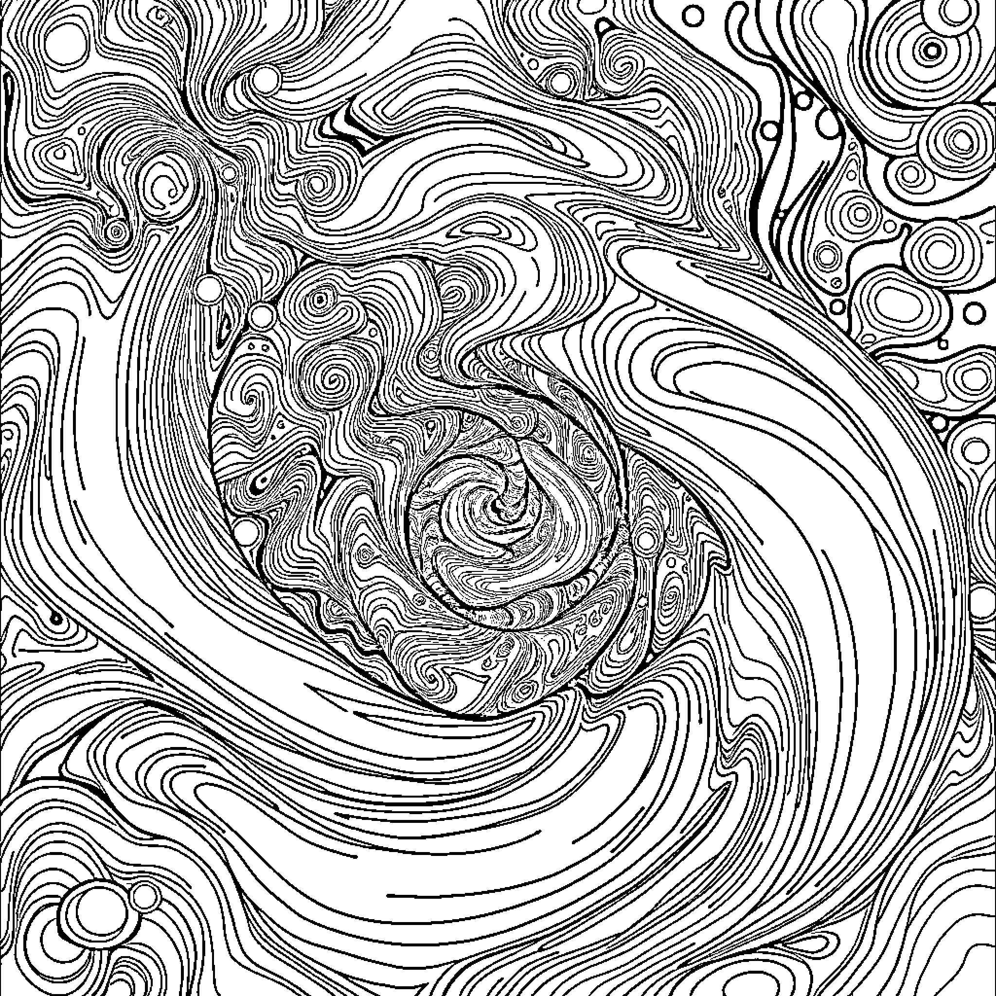 Trippy Picture of Spiraling Abstract Patterns Coloring Page (free black-and-white line drawing printable PDF for all, from beginners to advanced learners, including children, teens, adults, and seniors)