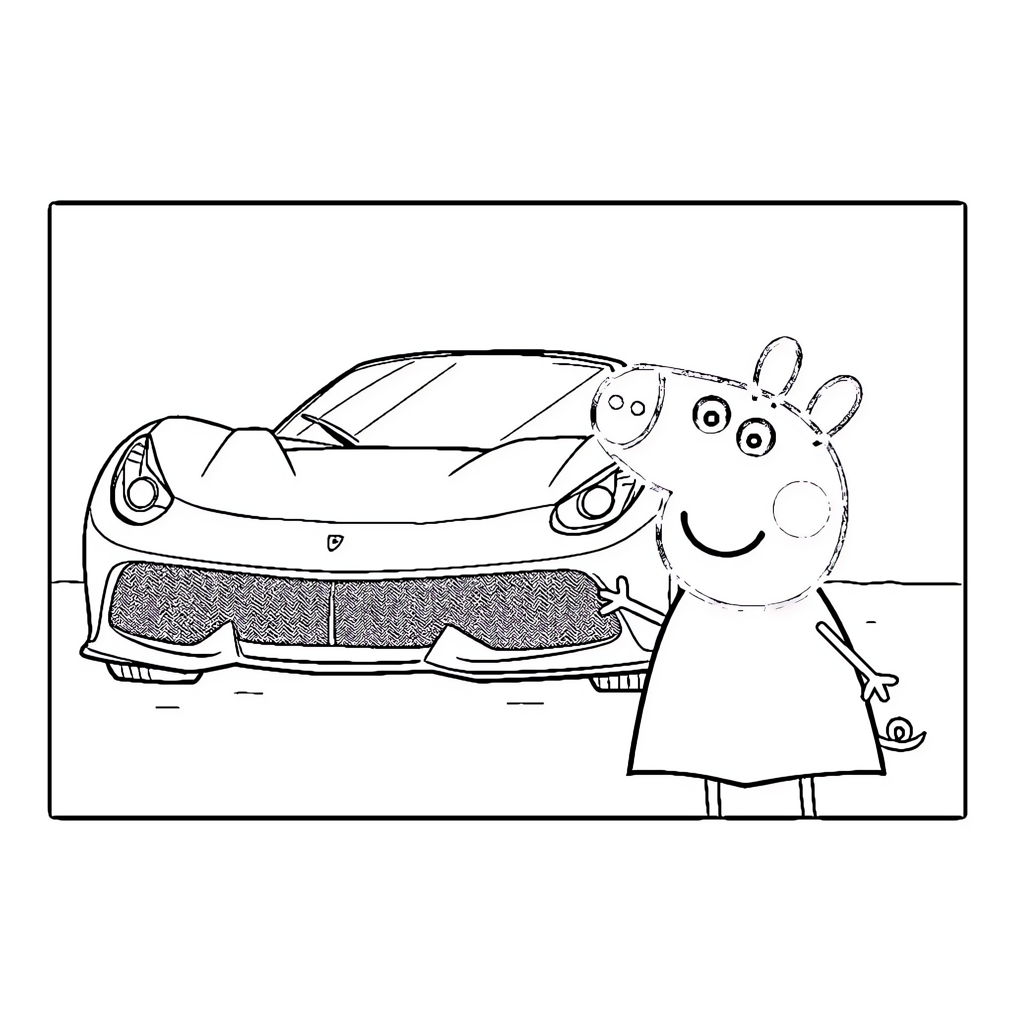 Ferrari Featuring Peppa Pig Character Coloring Page (free black-and-white line drawing printable PDF for all, from beginners to advanced learners, including children, teens, adults, and seniors)