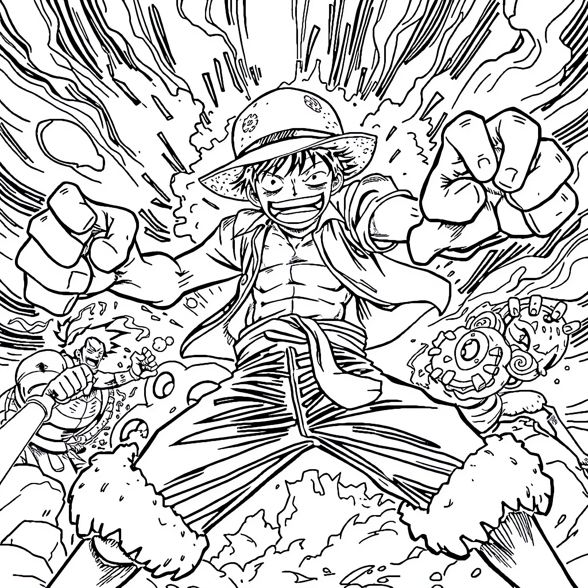 Luffy's Powerful Punch in an Explosive Scene Coloring Page (free black-and-white line drawing printable PDF for all, from beginners to advanced learners, including children, teens, adults, and seniors)
