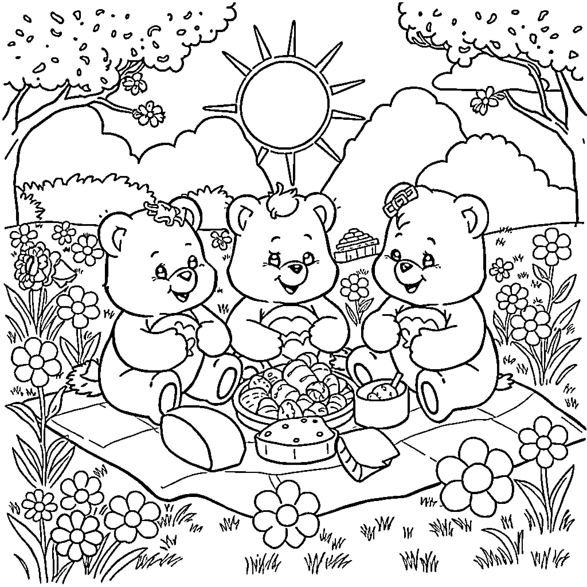 Carebear friends enjoying a picnic in the sunshine Coloring Page (free black-and-white line drawing printable PDF for all, from beginners to advanced learners, including children, teens, adults, and seniors)