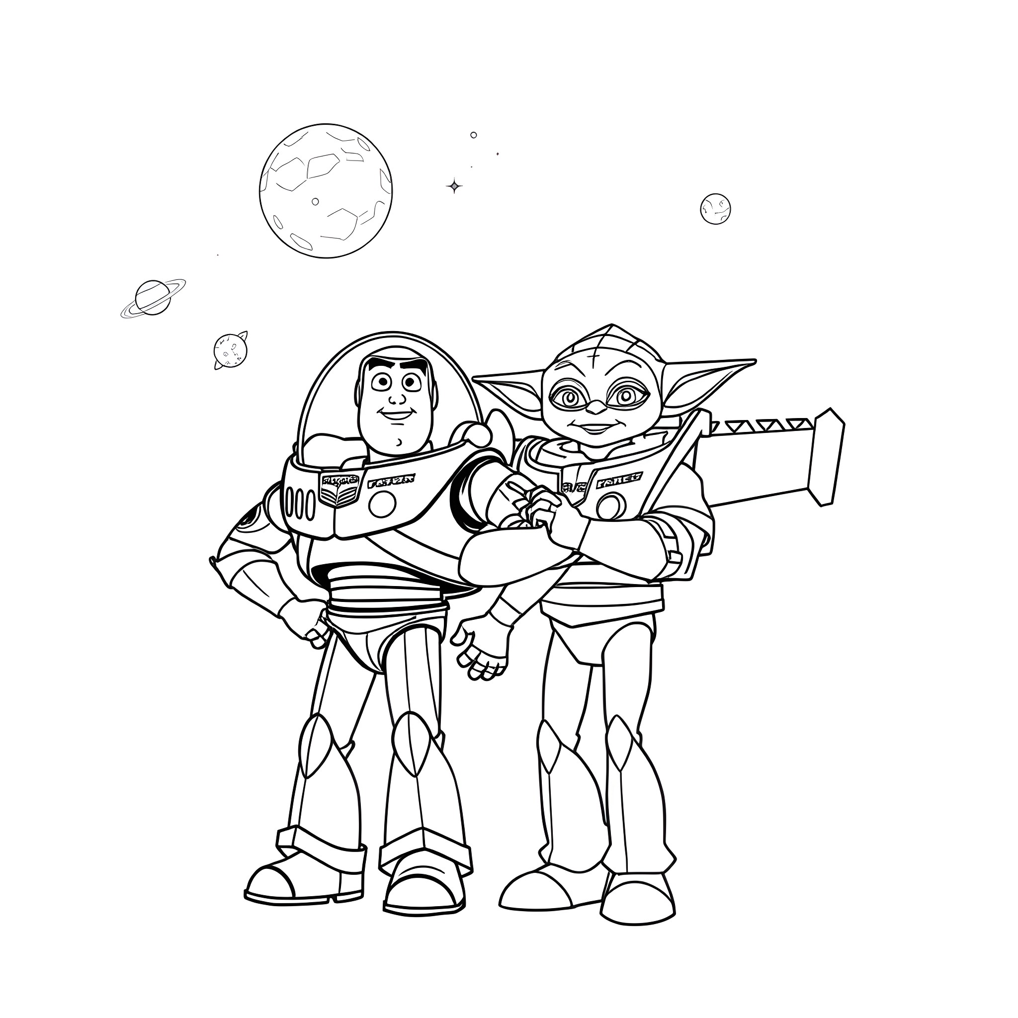 Buzz Lightyear and Baby Yoda exploring the galaxy together Coloring Page (free black-and-white line drawing printable PDF for all, from beginners to advanced learners, including children, teens, adults, and seniors)