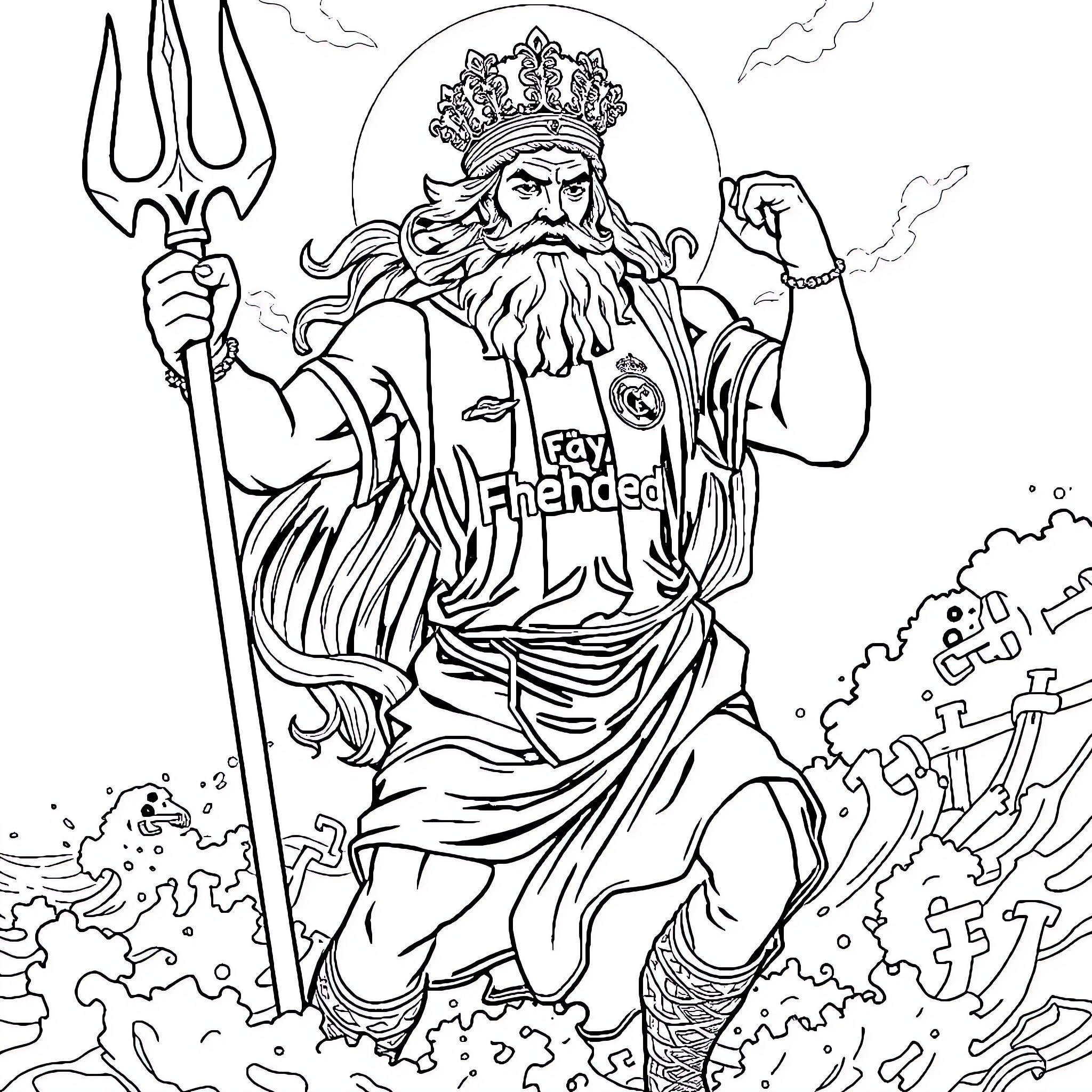 Poseidon, the Mighty Sea God, Wielding His Trident Coloring Page (free black-and-white line drawing printable PDF for all, from beginners to advanced learners, including children, teens, adults, and seniors)