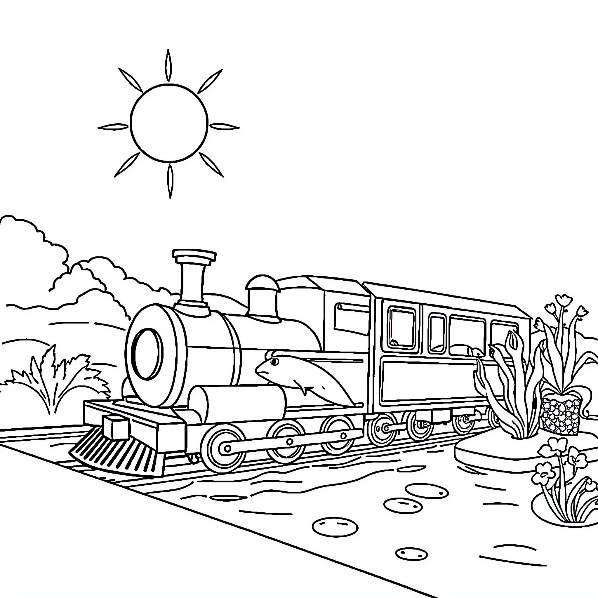 Stitch of a Vintage Train on a Scenic Route Coloring Page (free black-and-white line drawing printable PDF for all, from beginners to advanced learners, including children, teens, adults, and seniors)