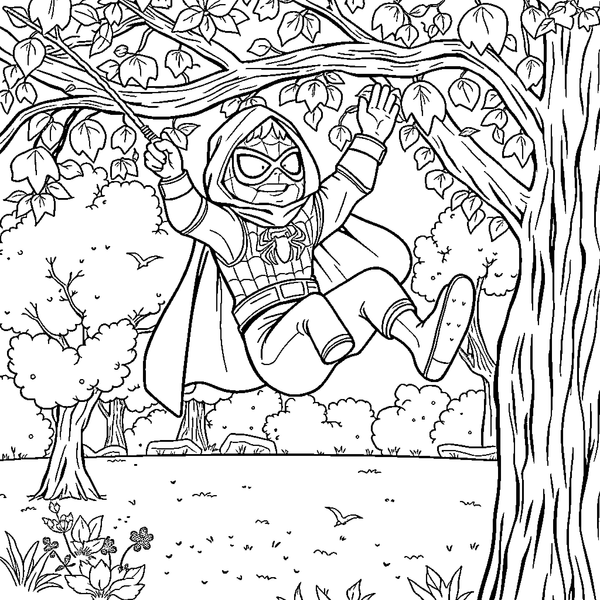 Rumi's Adventurous Escapade in Nature Coloring Page (free black-and-white line drawing printable PDF for all, from beginners to advanced learners, including children, teens, adults, and seniors)