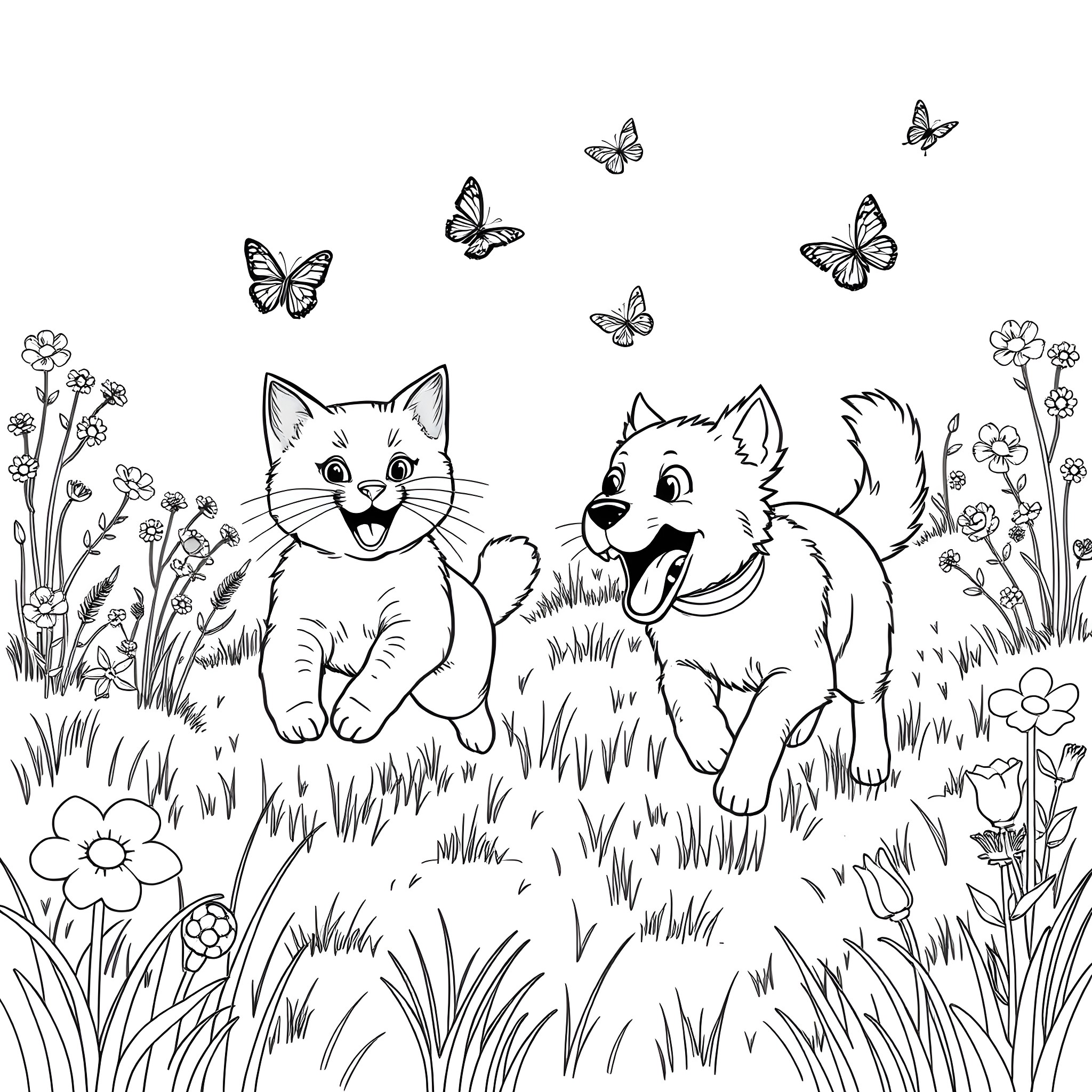 Cats and Butterflies in Nature Coloring Page (free black-and-white line drawing printable PDF for all, from beginners to advanced learners, including children, teens, adults, and seniors)