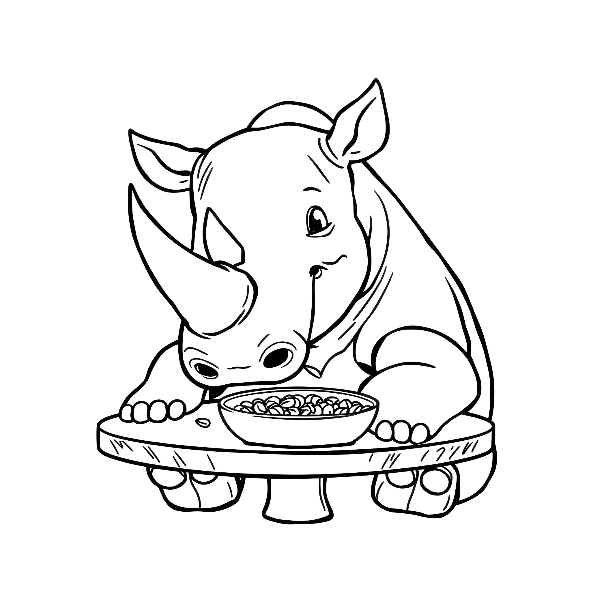 Rhino enjoying a hearty meal Coloring Page (free black-and-white line drawing printable PDF for all, from beginners to advanced learners, including children, teens, adults, and seniors)