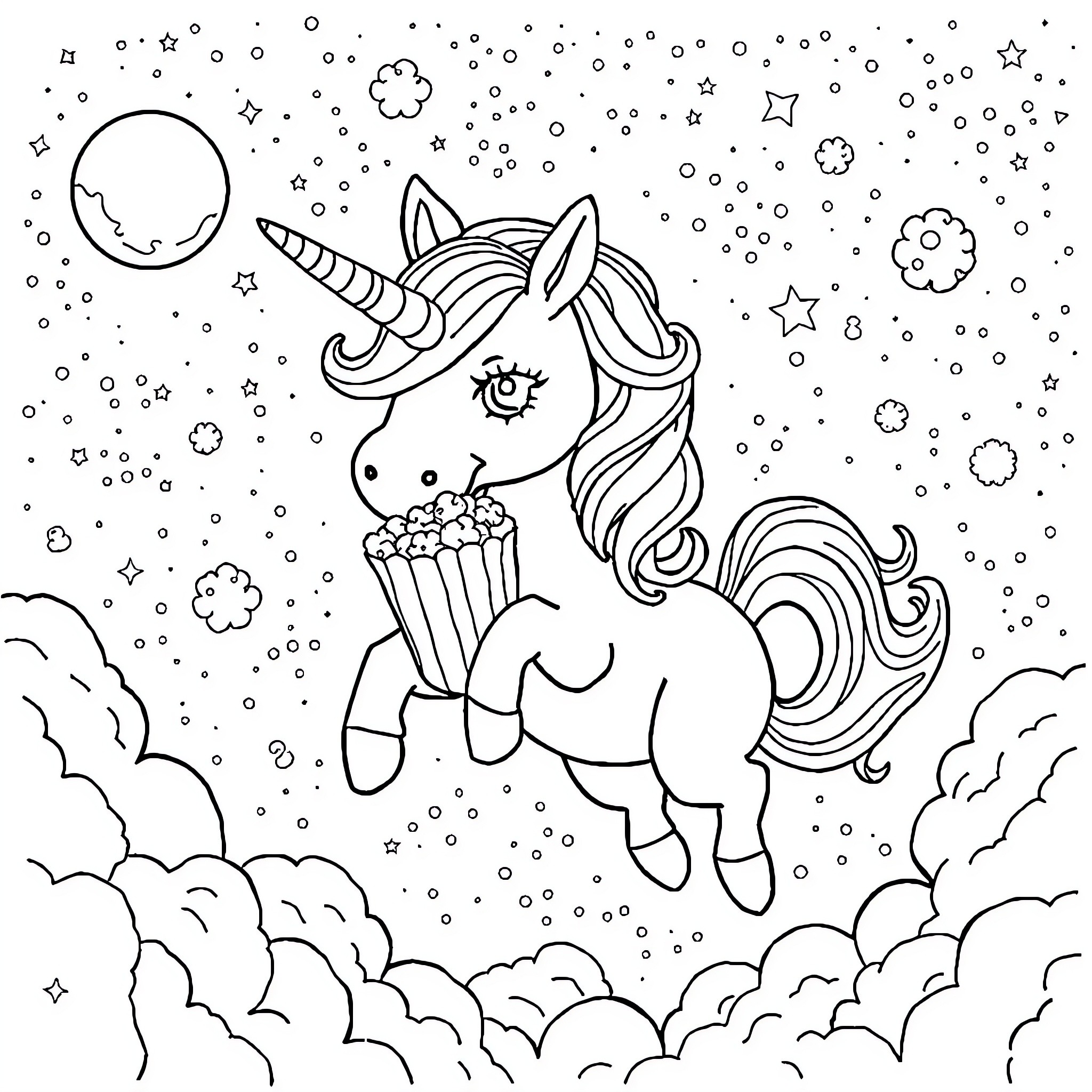 Unicorn soaring through the starry night sky Coloring Page (free black-and-white line drawing printable PDF for all, from beginners to advanced learners, including children, teens, adults, and seniors)