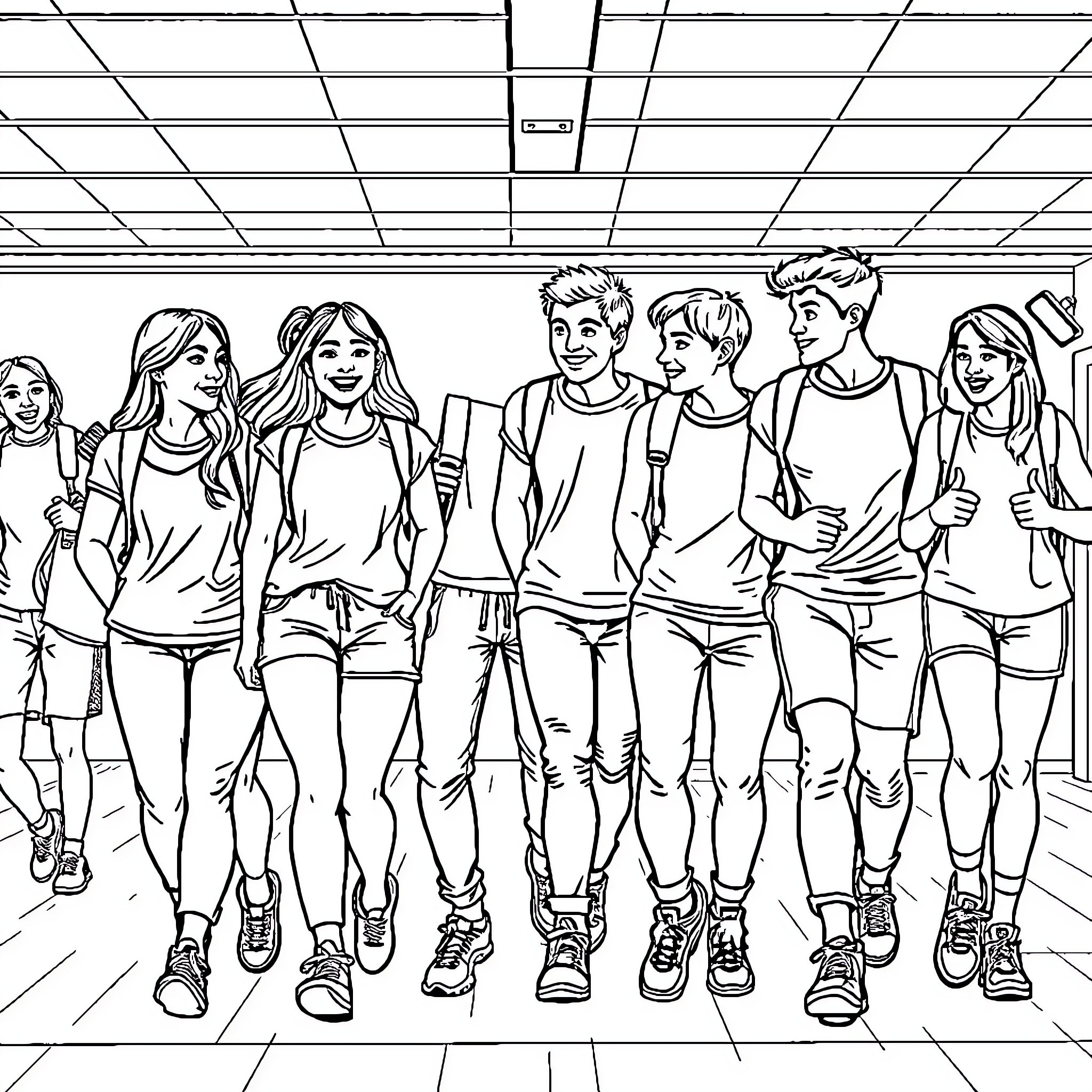 Students walking together in school hallway Coloring Page (free black-and-white line drawing printable PDF for all, from beginners to advanced learners, including children, teens, adults, and seniors)