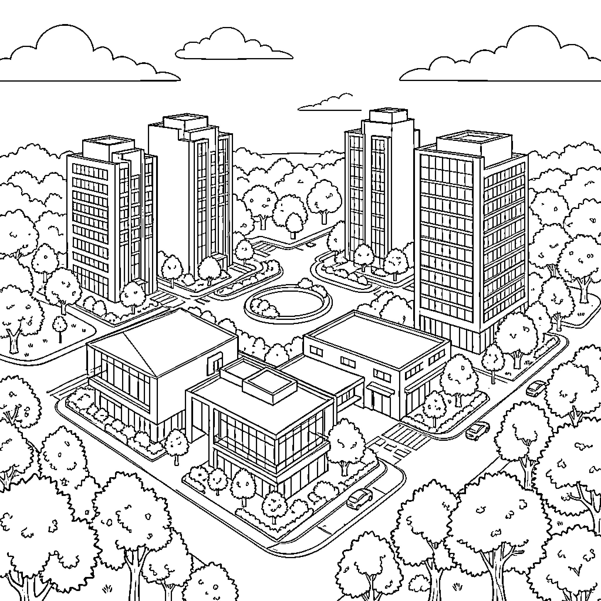 Estate featuring high-rise buildings and lush surrounding greenery Coloring Page (free black-and-white line drawing printable PDF for all, from beginners to advanced learners, including children, teens, adults, and seniors)