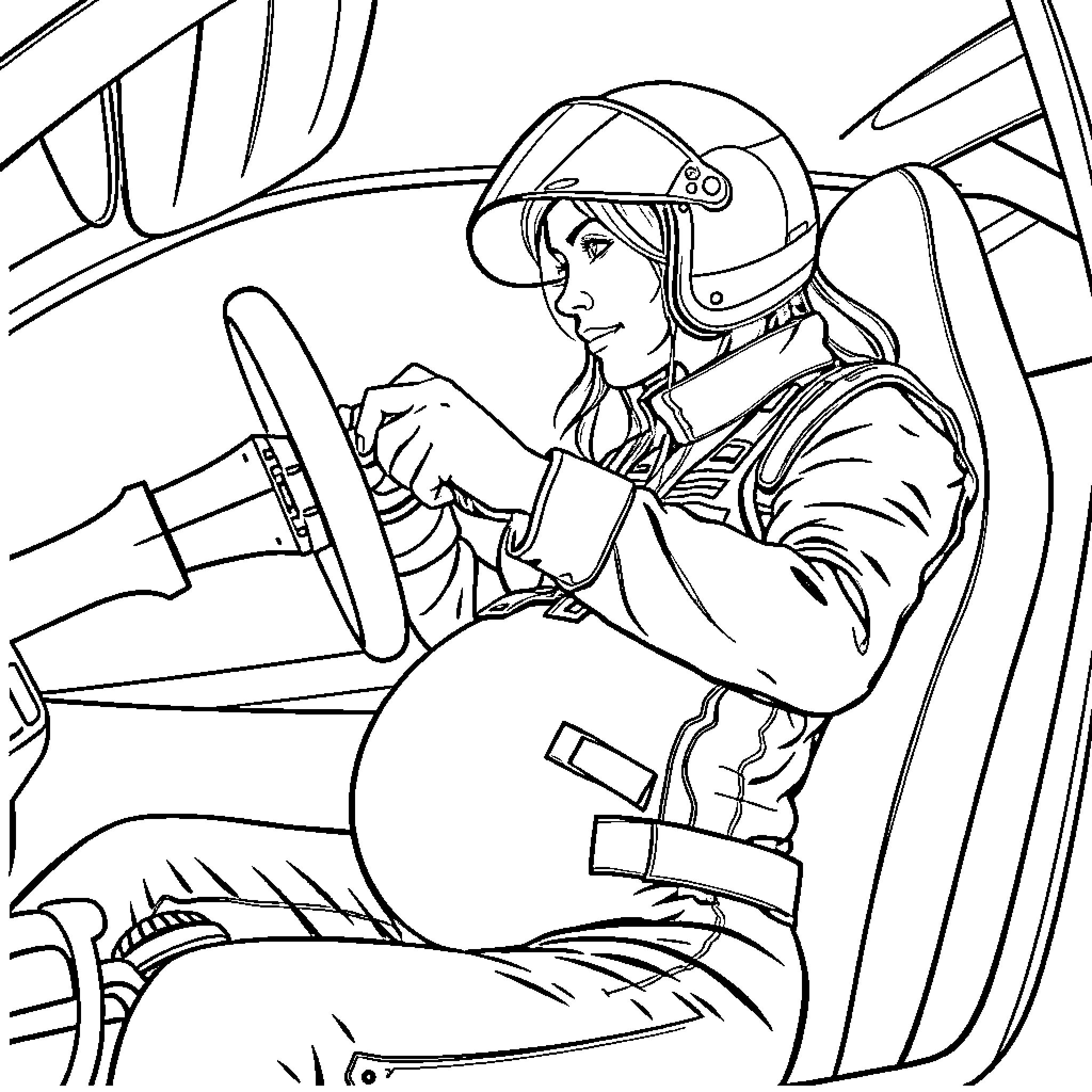 Race Car Driver Concentrating Behind the Wheel Coloring Page (free black-and-white line drawing printable PDF for all, from beginners to advanced learners, including children, teens, adults, and seniors)