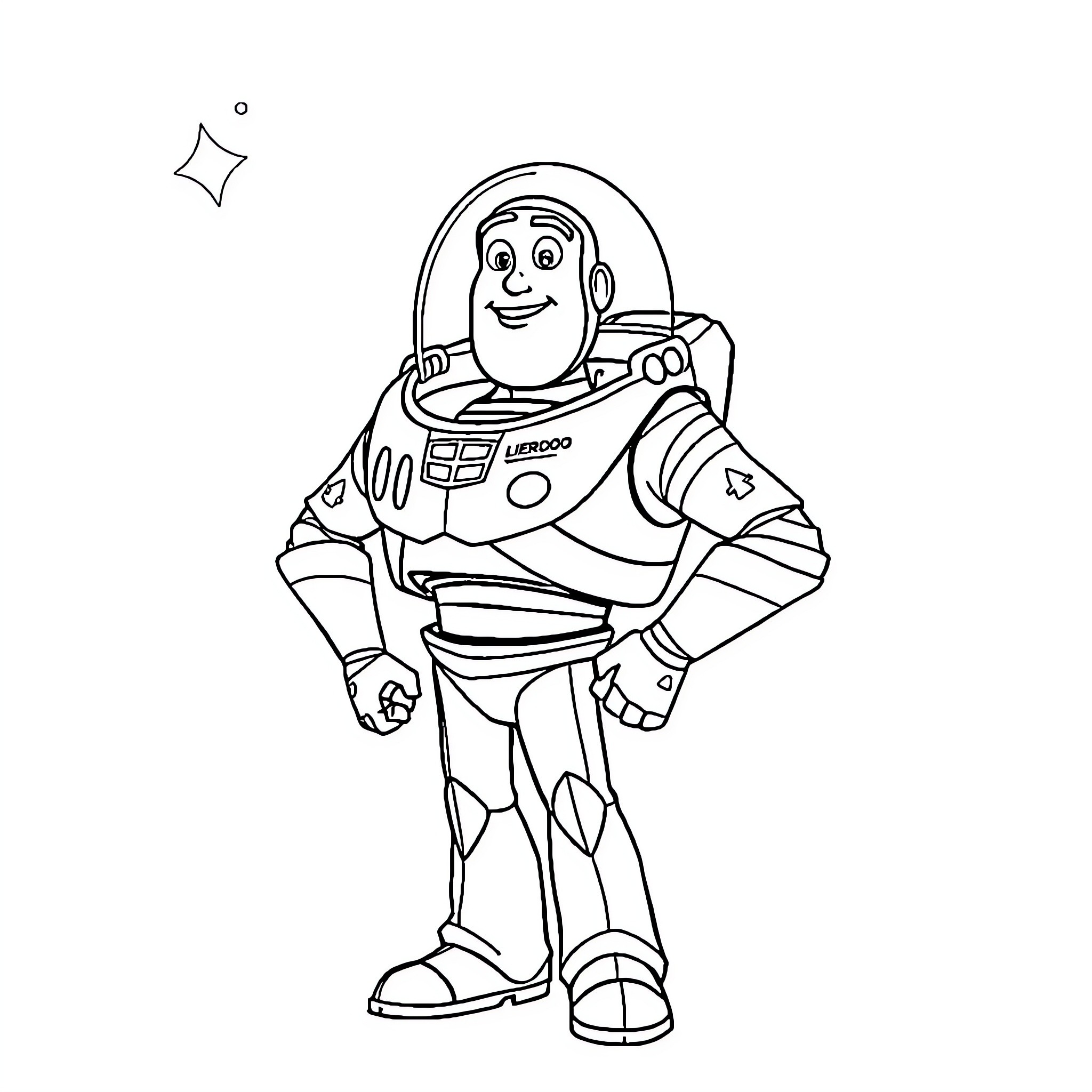 Buzz Lightyear in heroic space exploration pose Coloring Page (free black-and-white line drawing printable PDF for all, from beginners to advanced learners, including children, teens, adults, and seniors)
