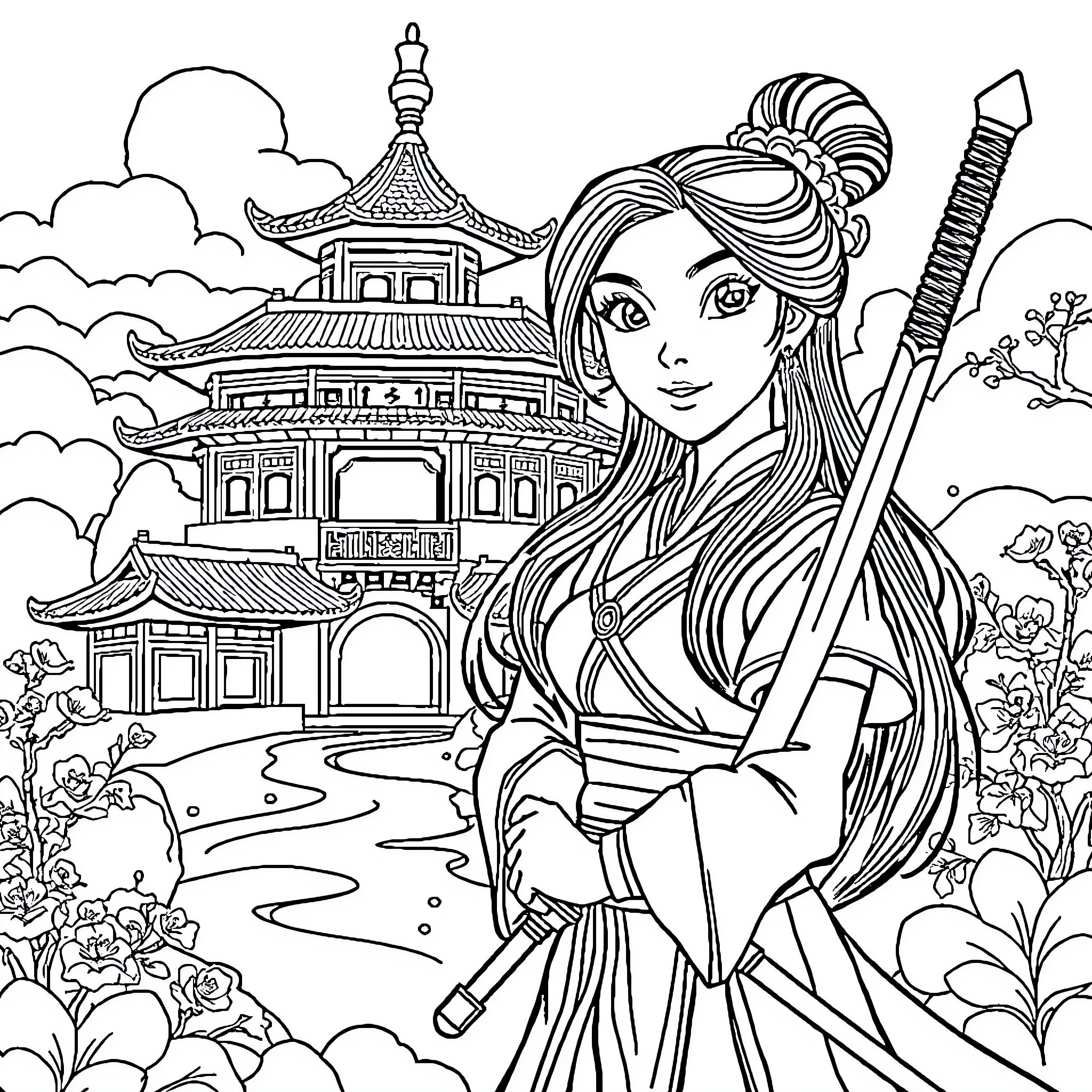 Mulan Heroically Stands Ready in Tranquil Asian Landscape Coloring Page (free black-and-white line drawing printable PDF for all, from beginners to advanced learners, including children, teens, adults, and seniors)
