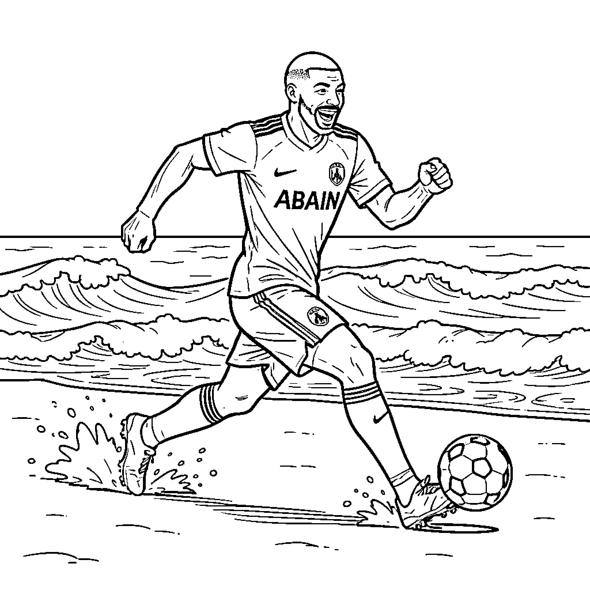 Mbappe playing soccer on the beach with waves Coloring Page (free black-and-white line drawing printable PDF for all, from beginners to advanced learners, including children, teens, adults, and seniors)