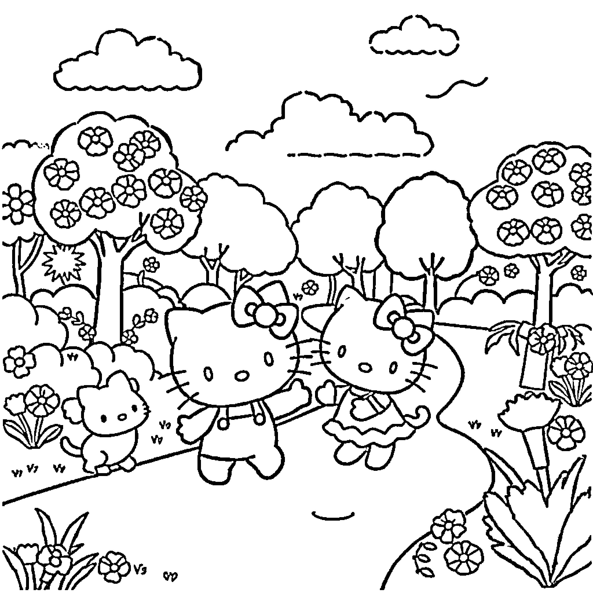 Hello Kitty and Friends Explore the Flowery Forest Coloring Page (free black-and-white line drawing printable PDF for all, from beginners to advanced learners, including children, teens, adults, and seniors)