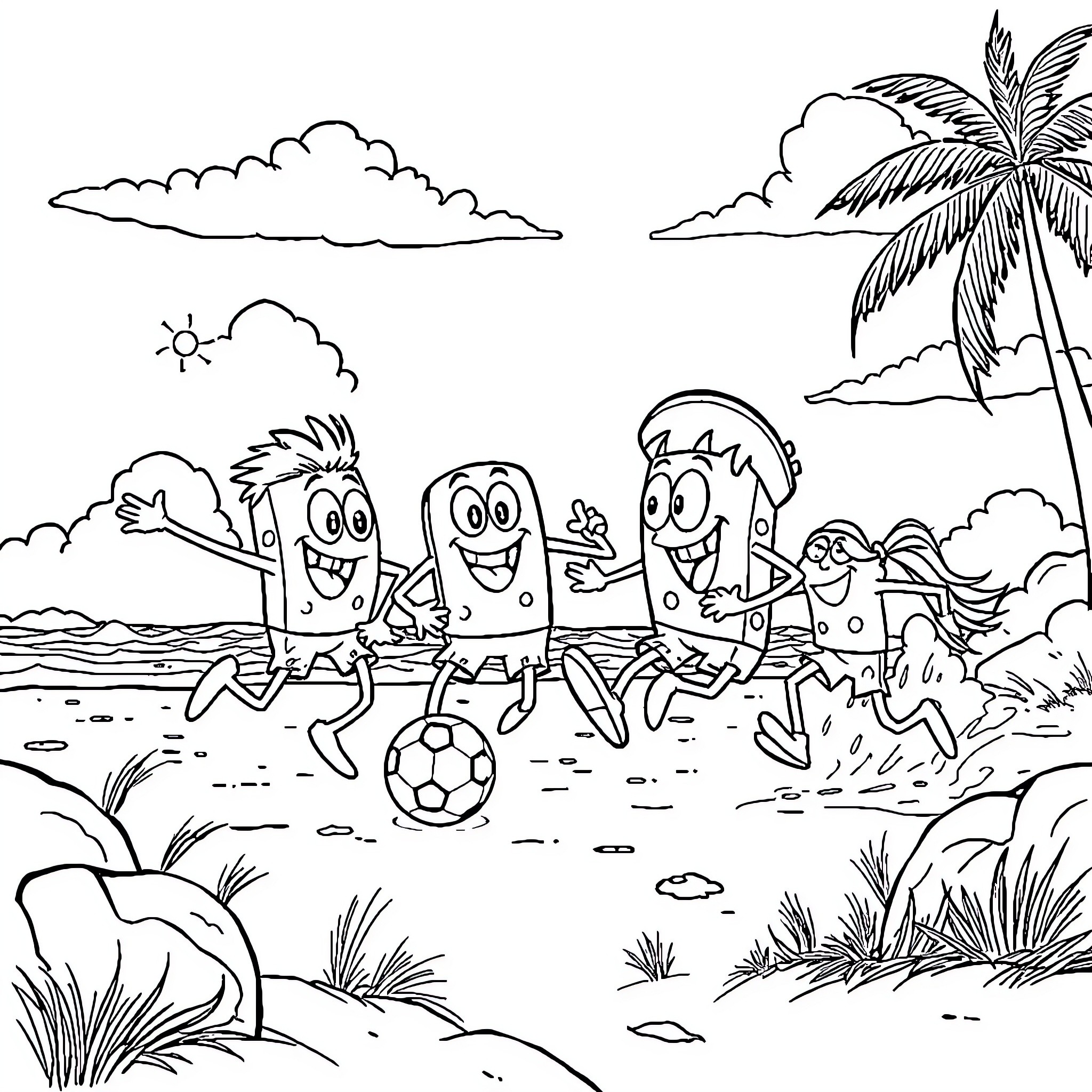 Spongebob and friends playing soccer on the beach Coloring Page (free black-and-white line drawing printable PDF for all, from beginners to advanced learners, including children, teens, adults, and seniors)