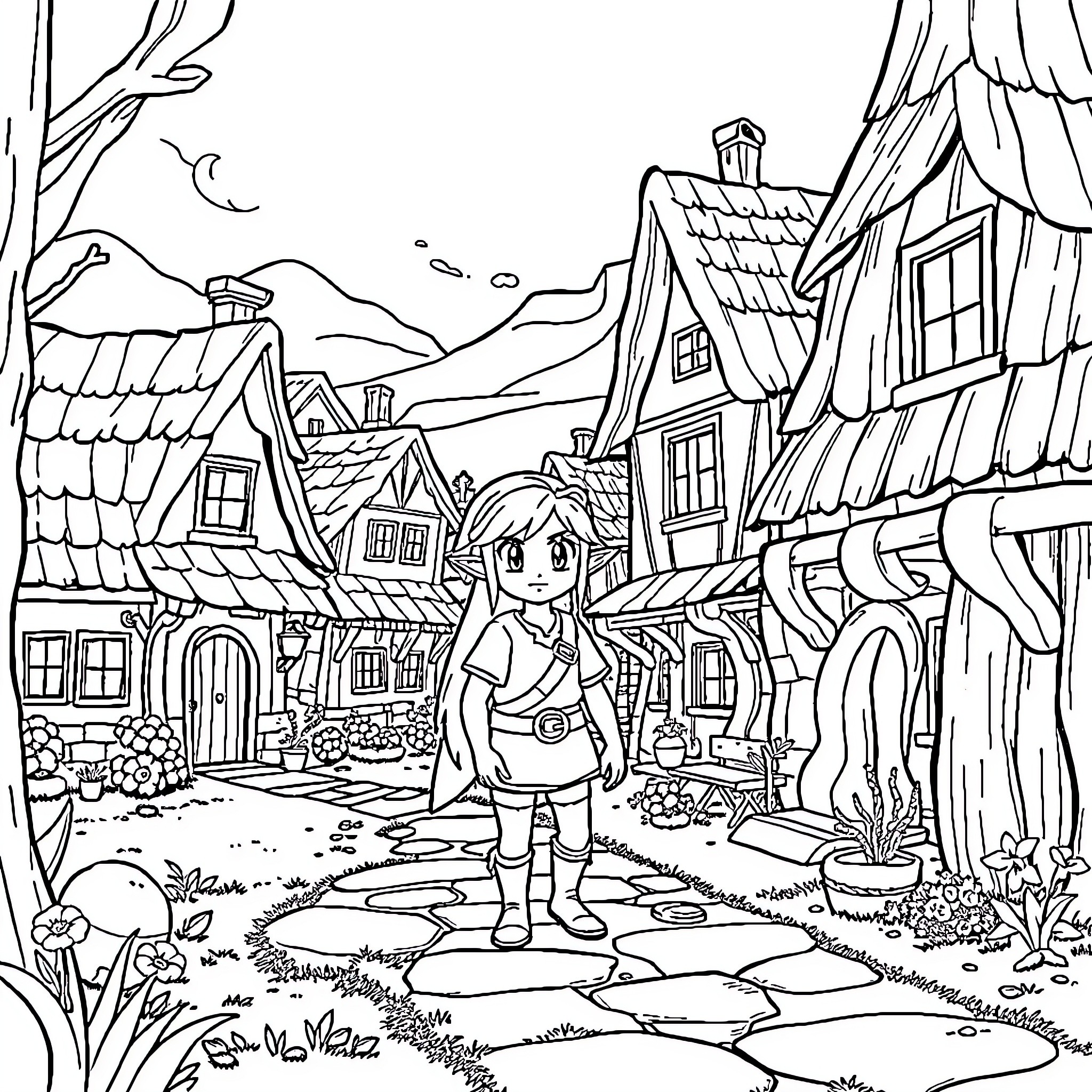 Link exploring a medieval village Coloring Page (free black-and-white line drawing printable PDF for all, from beginners to advanced learners, including children, teens, adults, and seniors)