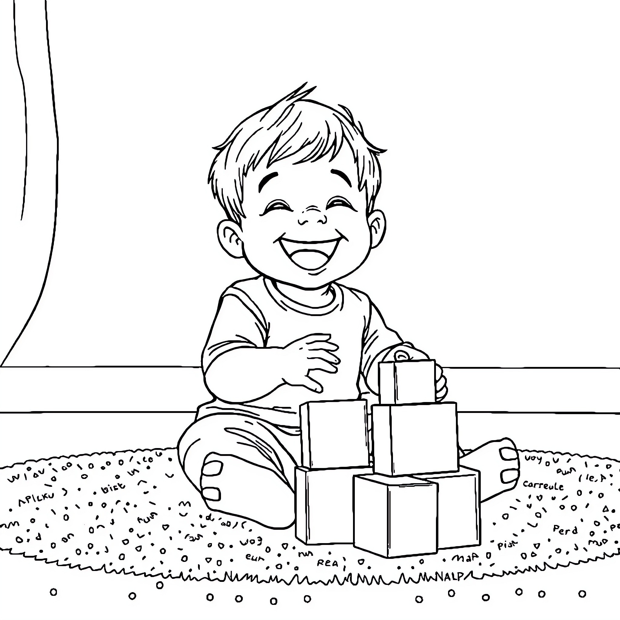 Toddler joyfully playing with toys on the ground Coloring Page (free black-and-white line drawing printable PDF for all, from beginners to advanced learners, including children, teens, adults, and seniors)