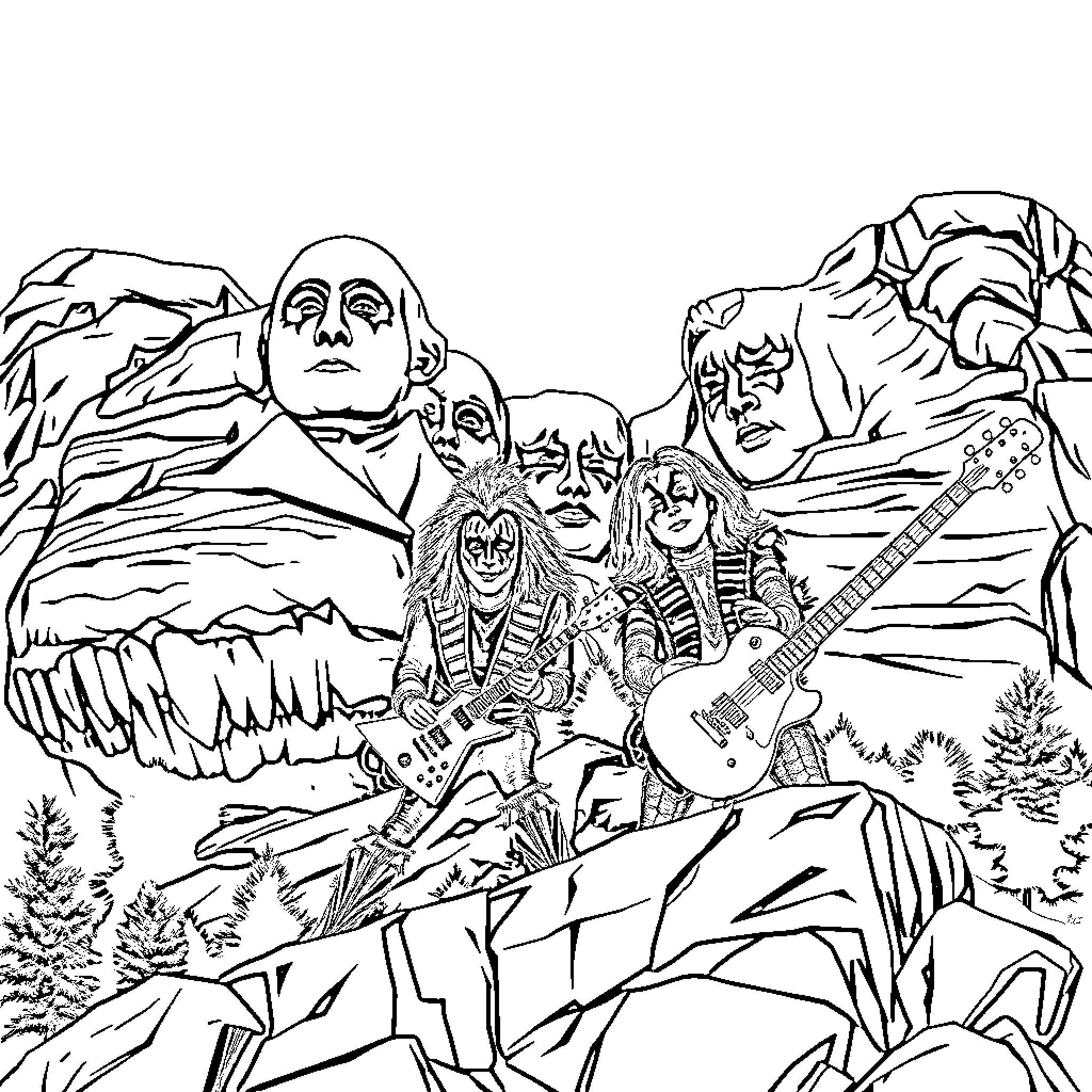 Kiss the Legends of Rock and Roll Coloring Page (free black-and-white line drawing printable PDF for all, from beginners to advanced learners, including children, teens, adults, and seniors)