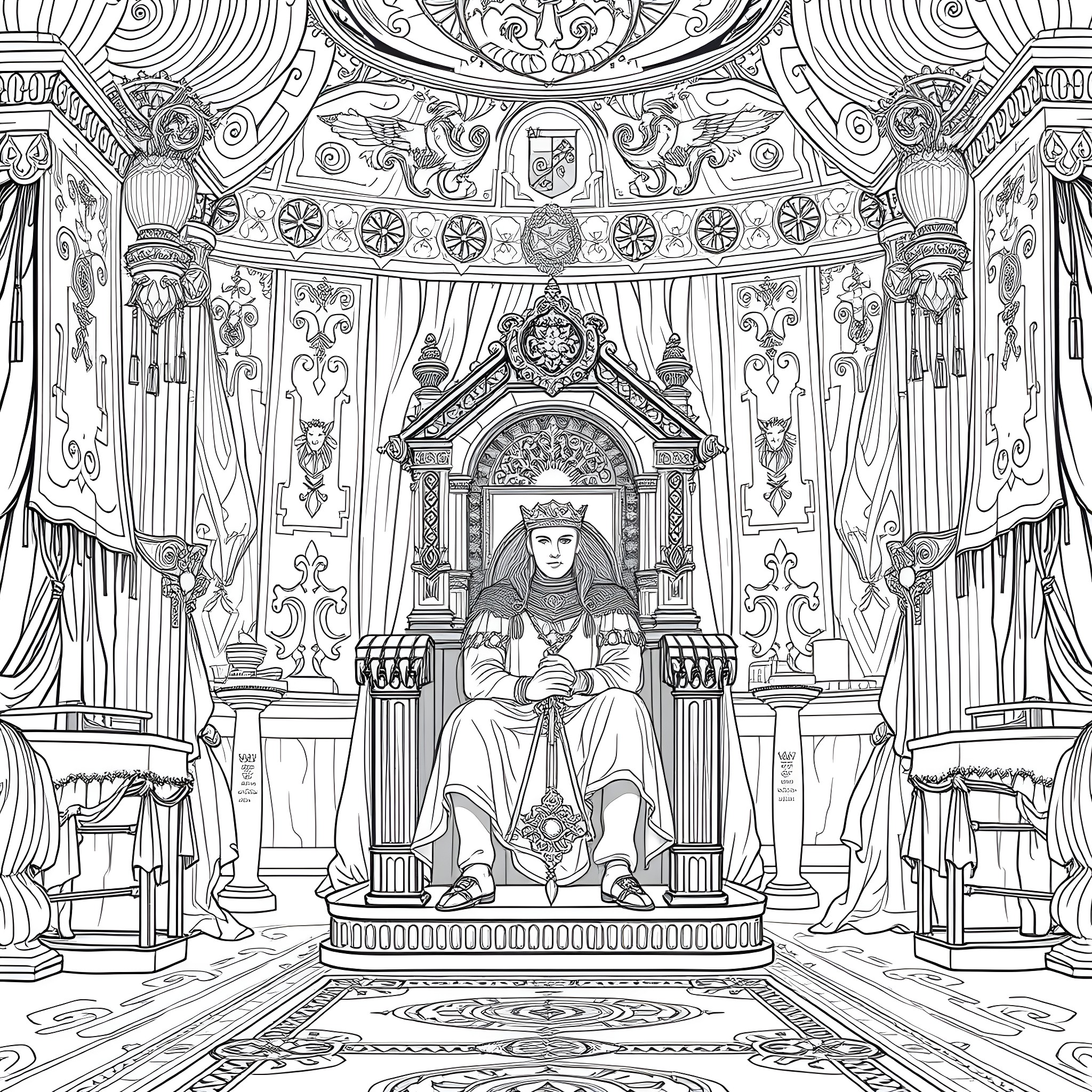 King seated on ornate throne in elaborate chamber Coloring Page (free black-and-white line drawing printable PDF for all, from beginners to advanced learners, including children, teens, adults, and seniors)