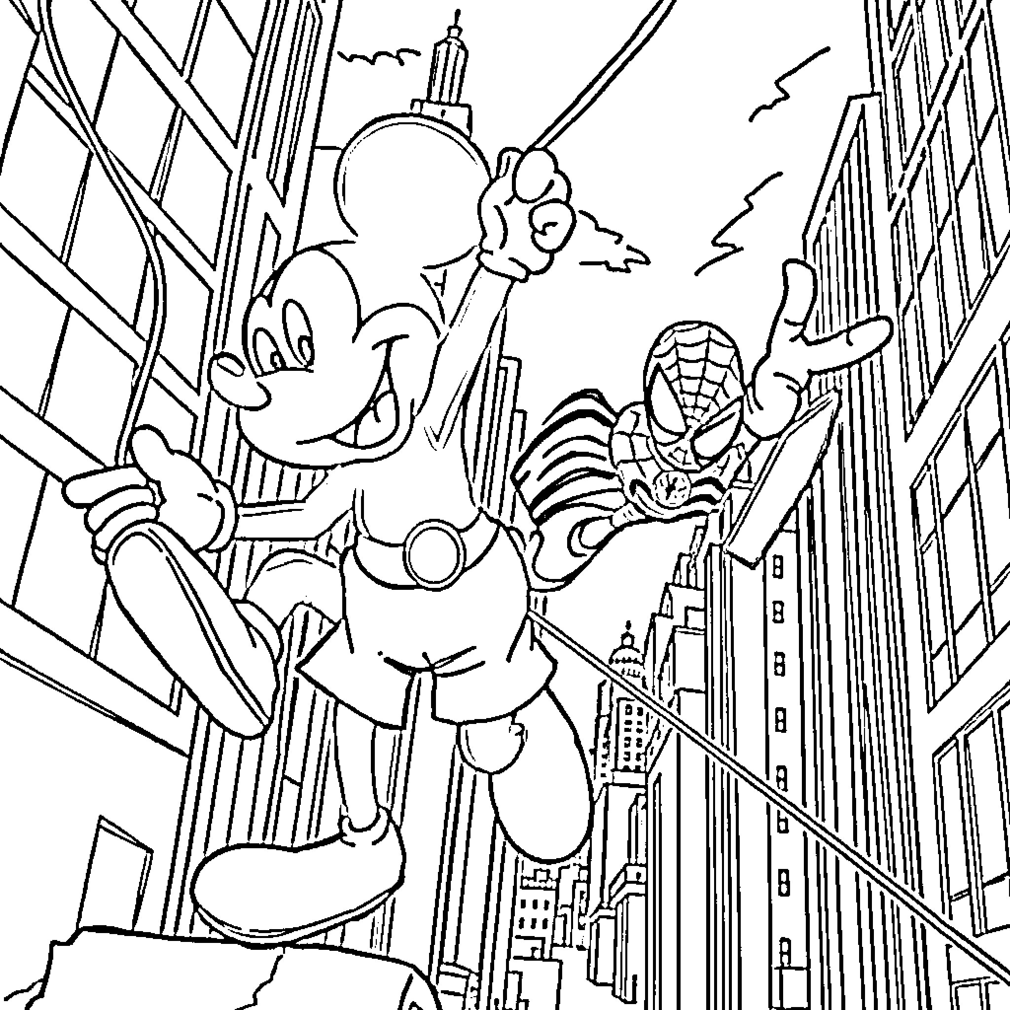 Mickey Mouse and Spider-Man explore the city skyline Coloring Page (free black-and-white line drawing printable PDF for all, from beginners to advanced learners, including children, teens, adults, and seniors)
