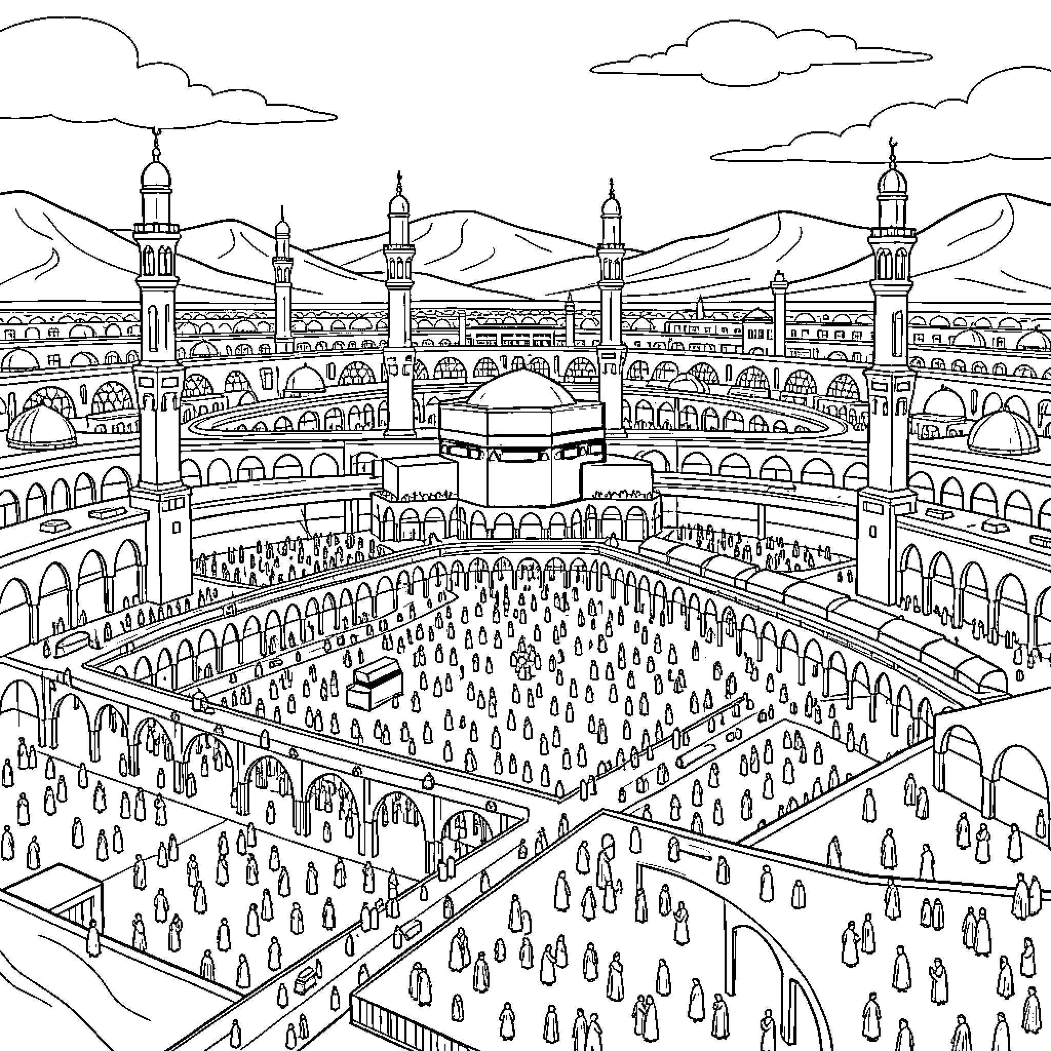 Mekkah: Grand Mosque and Pilgrimage Scene Coloring Page (free black-and-white line drawing printable PDF for all, from beginners to advanced learners, including children, teens, adults, and seniors)