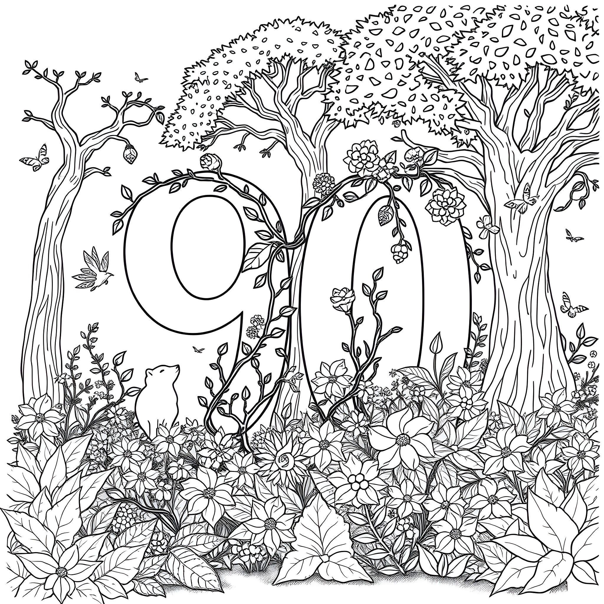 Number Nature Landscape with Floral Letter Q Coloring Page (free black-and-white line drawing printable PDF for all, from beginners to advanced learners, including children, teens, adults, and seniors)