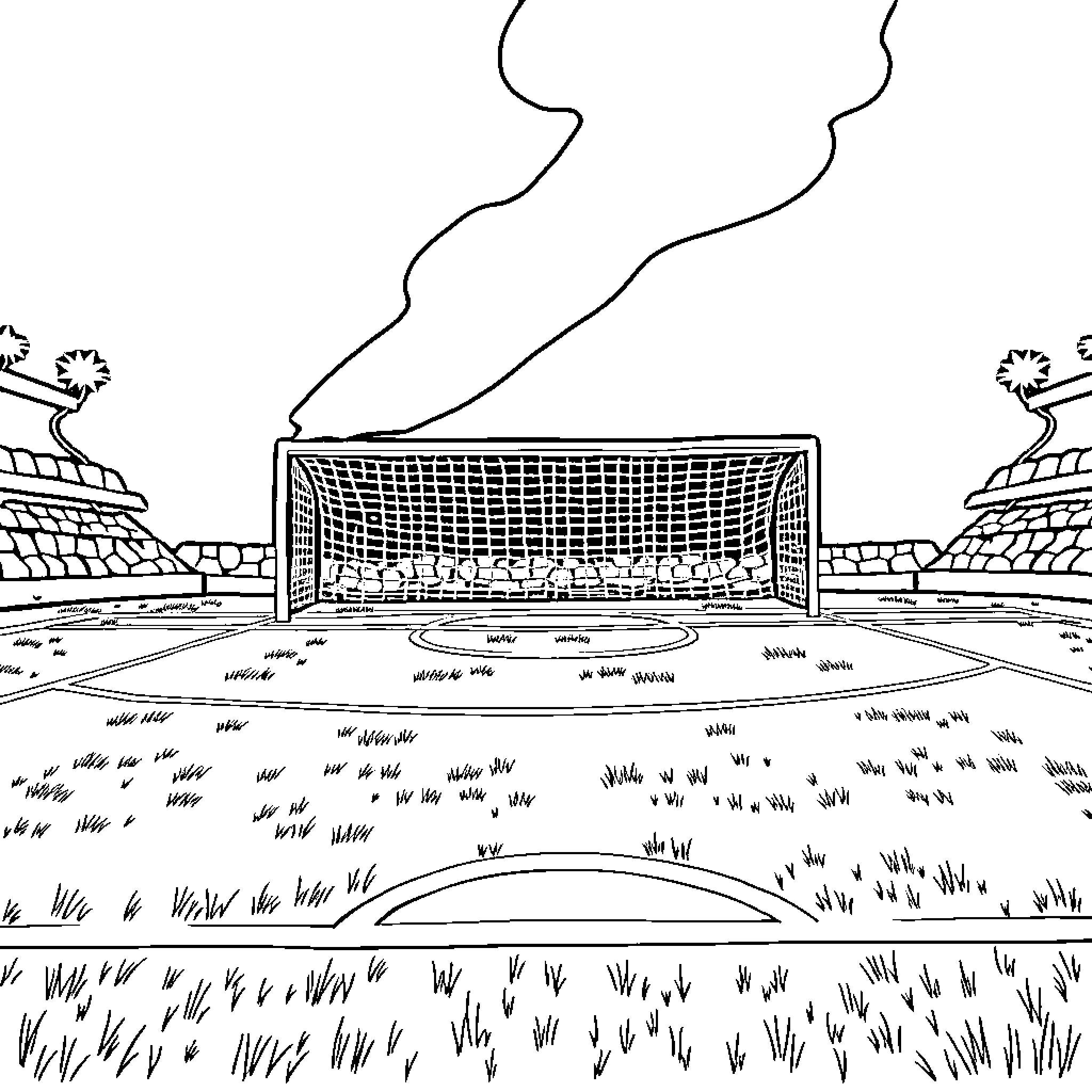 Soccer Field with Goal and Grass Coloring Page (free black-and-white line drawing printable PDF for all, from beginners to advanced learners, including children, teens, adults, and seniors)