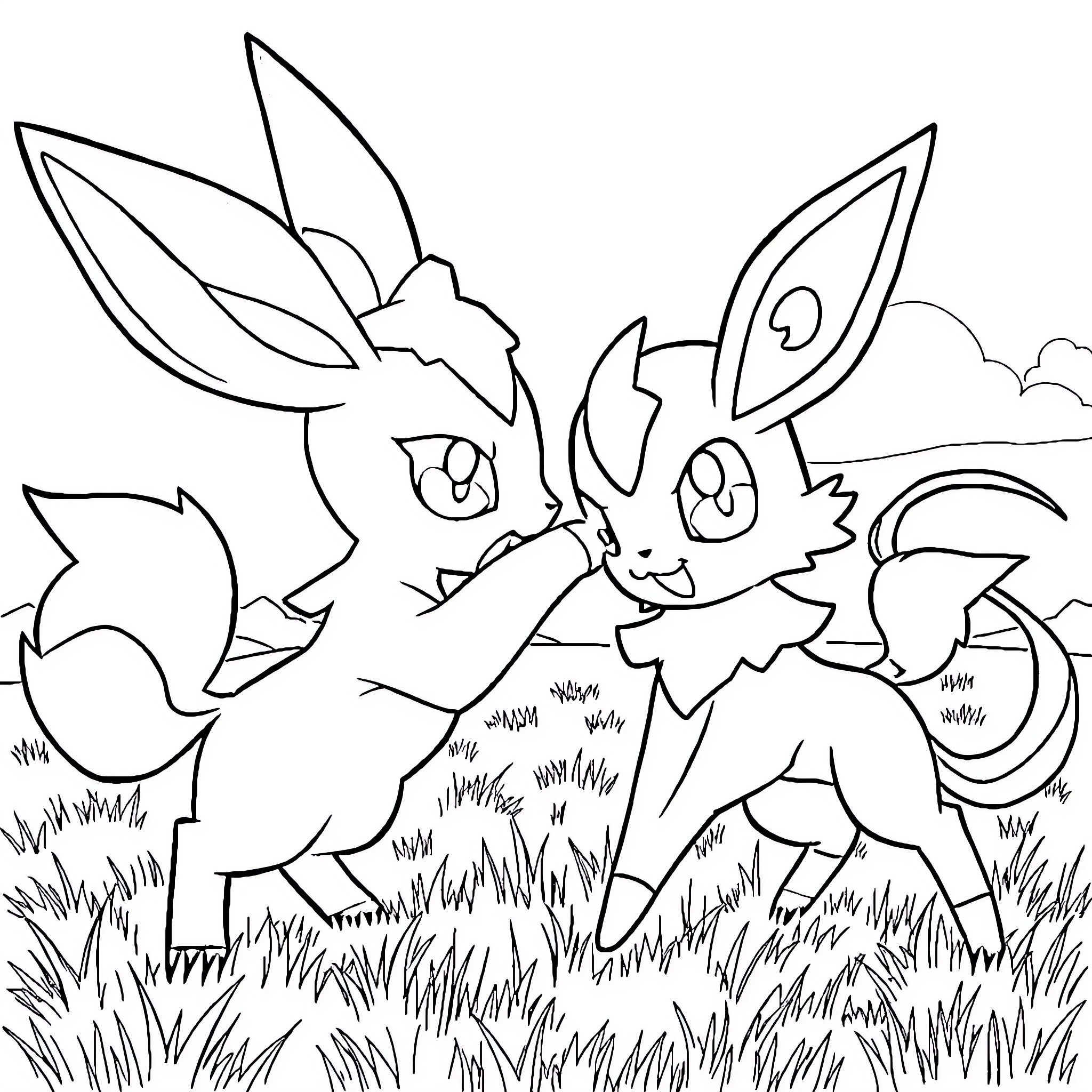 Pokémon Rabbits Frolicking in the Meadow Coloring Page (free black-and-white line drawing printable PDF for all, from beginners to advanced learners, including children, teens, adults, and seniors)