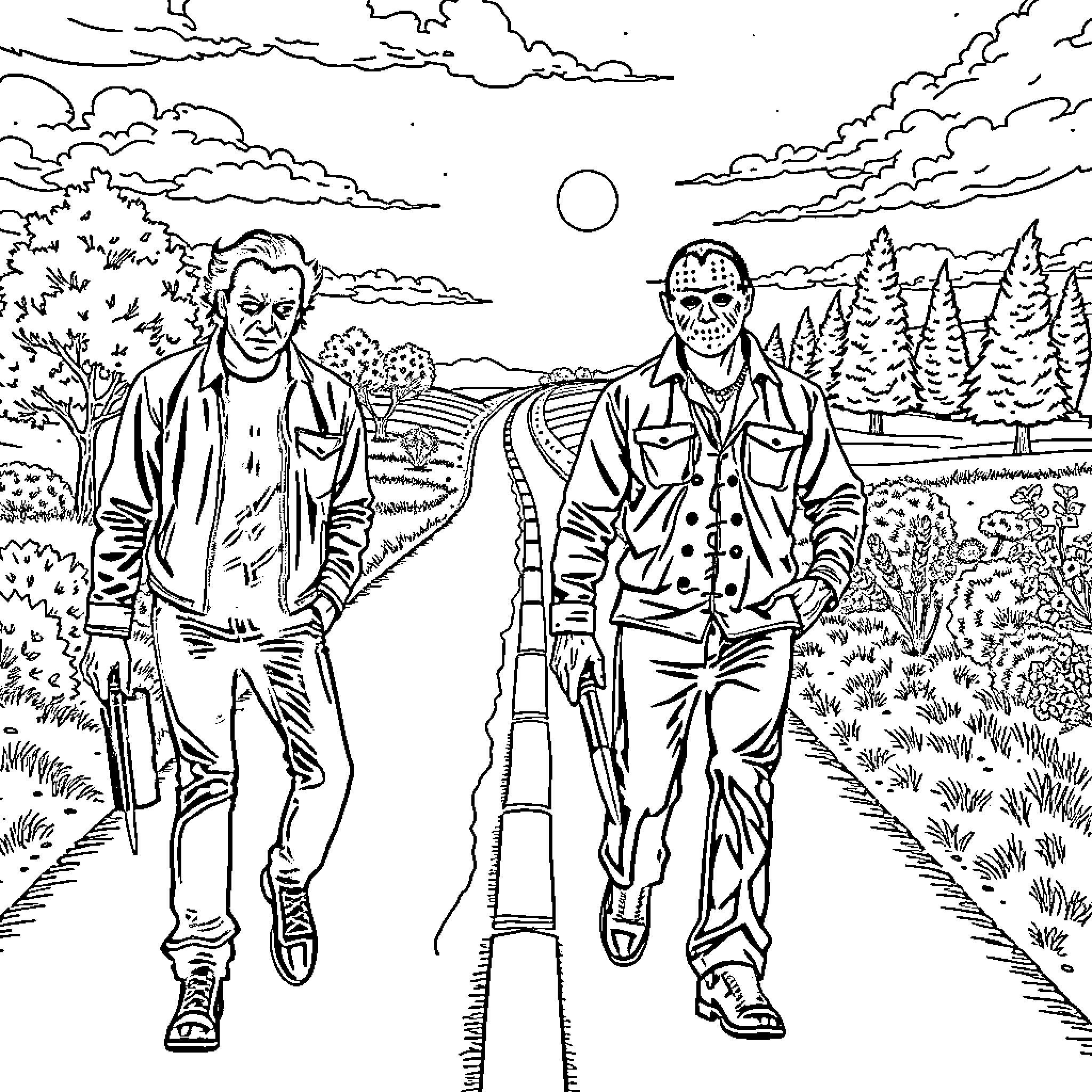 Michael Myers stalking through a spooky forest landscape Coloring Page (free black-and-white line drawing printable PDF for all, from beginners to advanced learners, including children, teens, adults, and seniors)