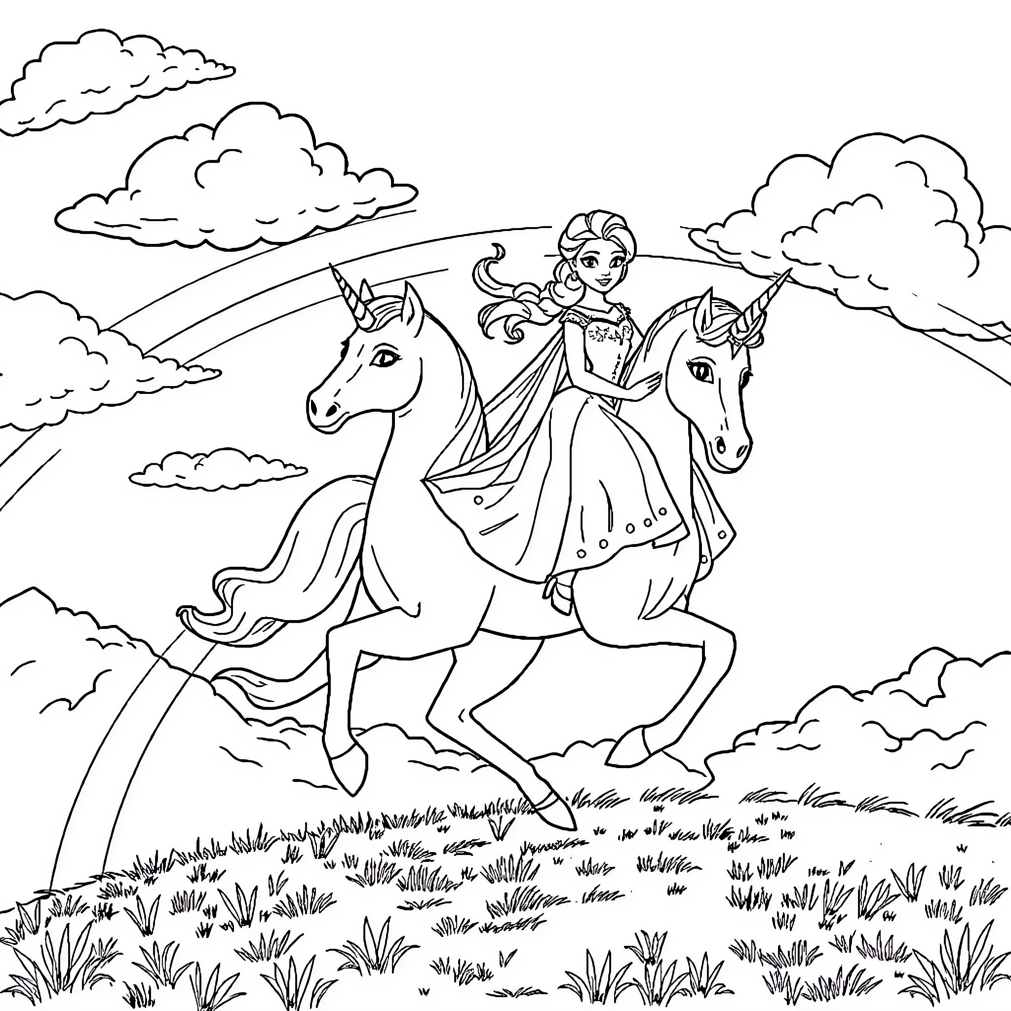 Elsa riding majestic horses through scenic countryside Coloring Page (free black-and-white line drawing printable PDF for all, from beginners to advanced learners, including children, teens, adults, and seniors)
