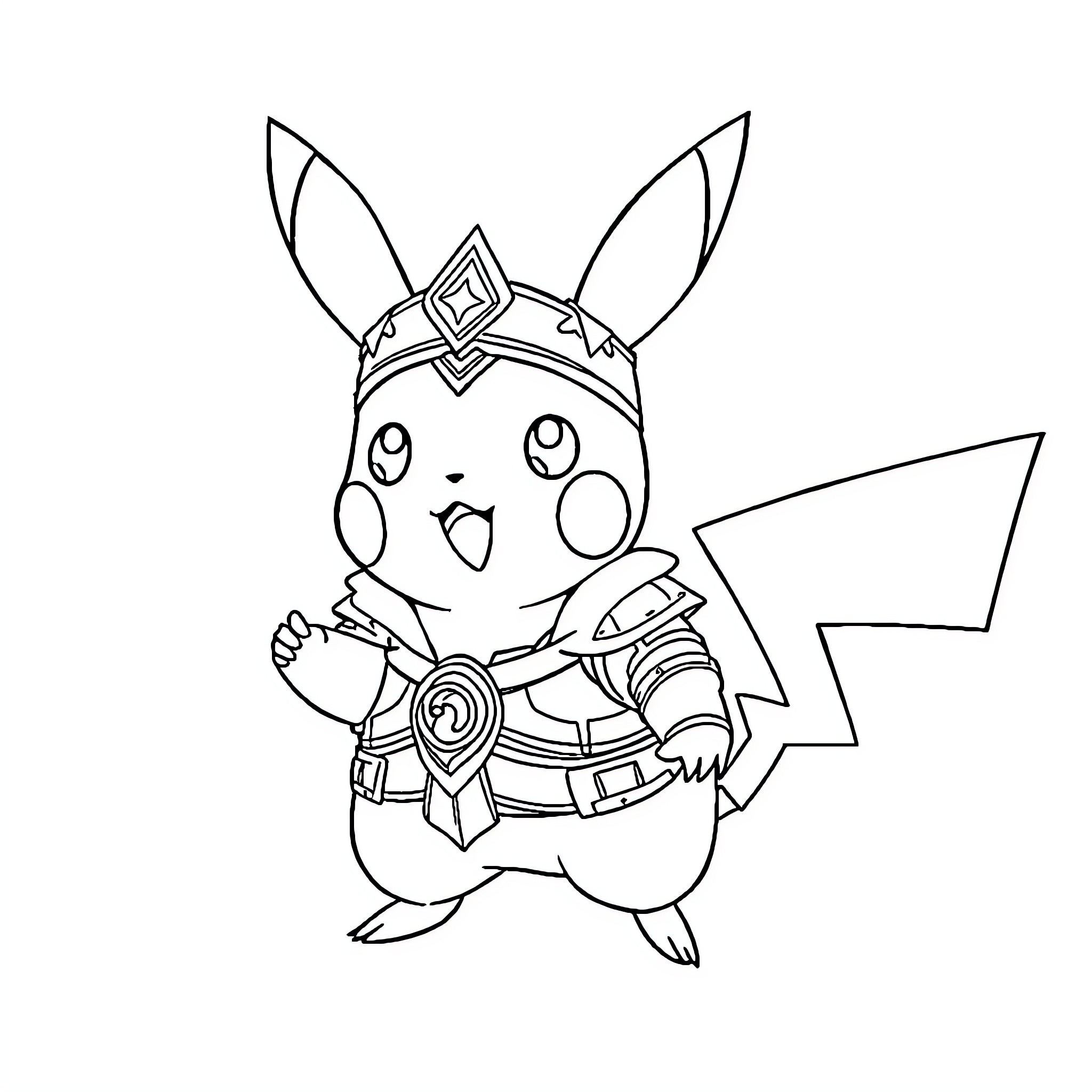 Pikachu dressed in fantasy warrior outfit Coloring Page (free black-and-white line drawing printable PDF for all, from beginners to advanced learners, including children, teens, adults, and seniors)