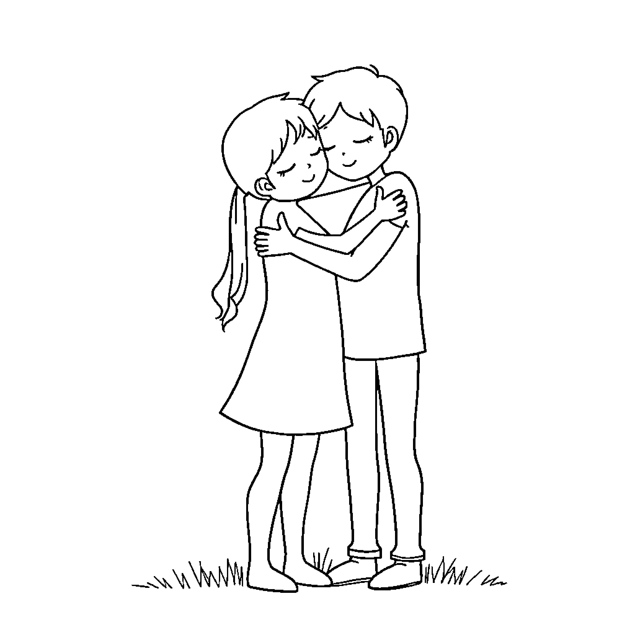 Person embracing tenderly in meadow Coloring Page (free black-and-white line drawing printable PDF for all, from beginners to advanced learners, including children, teens, adults, and seniors)
