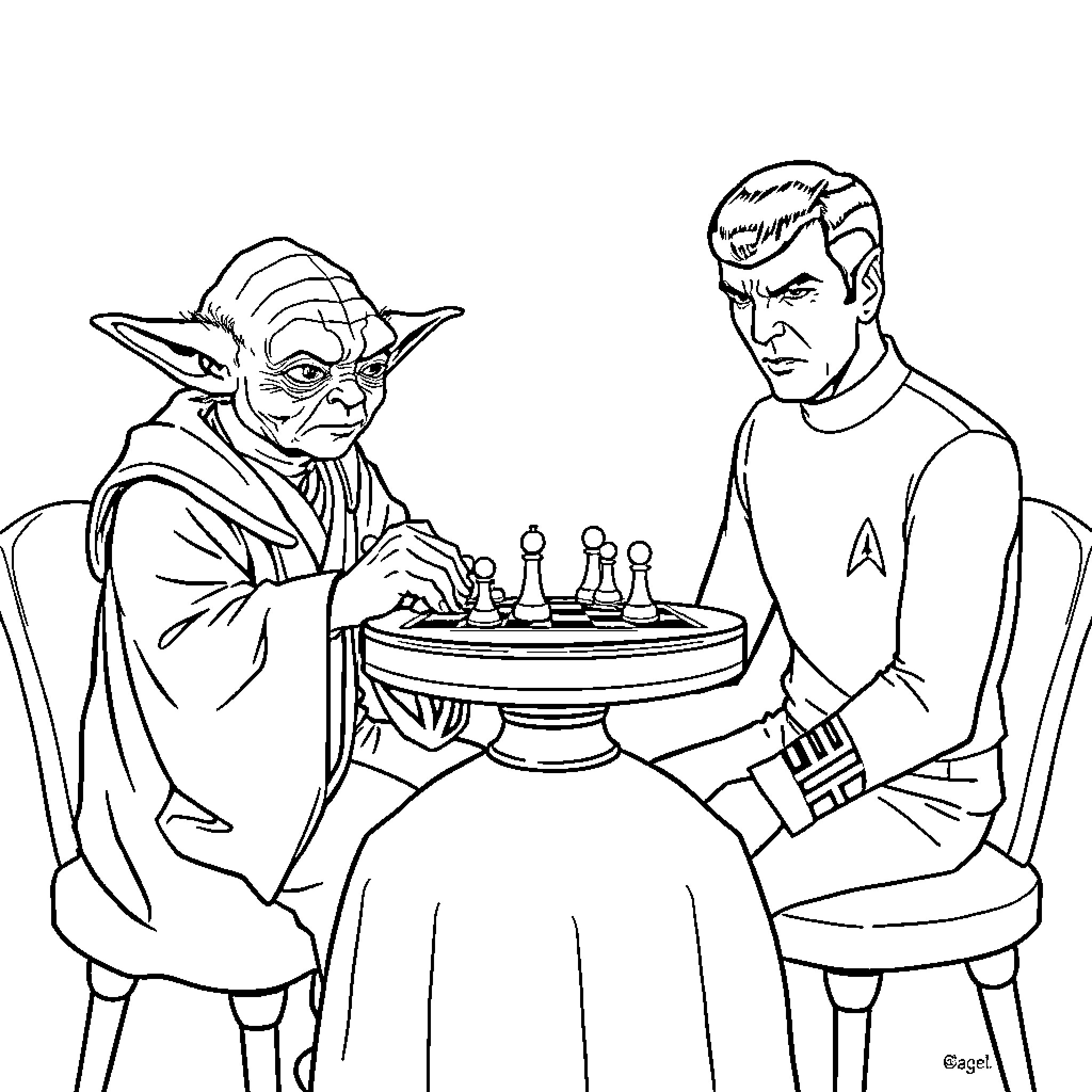 Yoda playing chess with a human companion Coloring Page (free black-and-white line drawing printable PDF for all, from beginners to advanced learners, including children, teens, adults, and seniors)